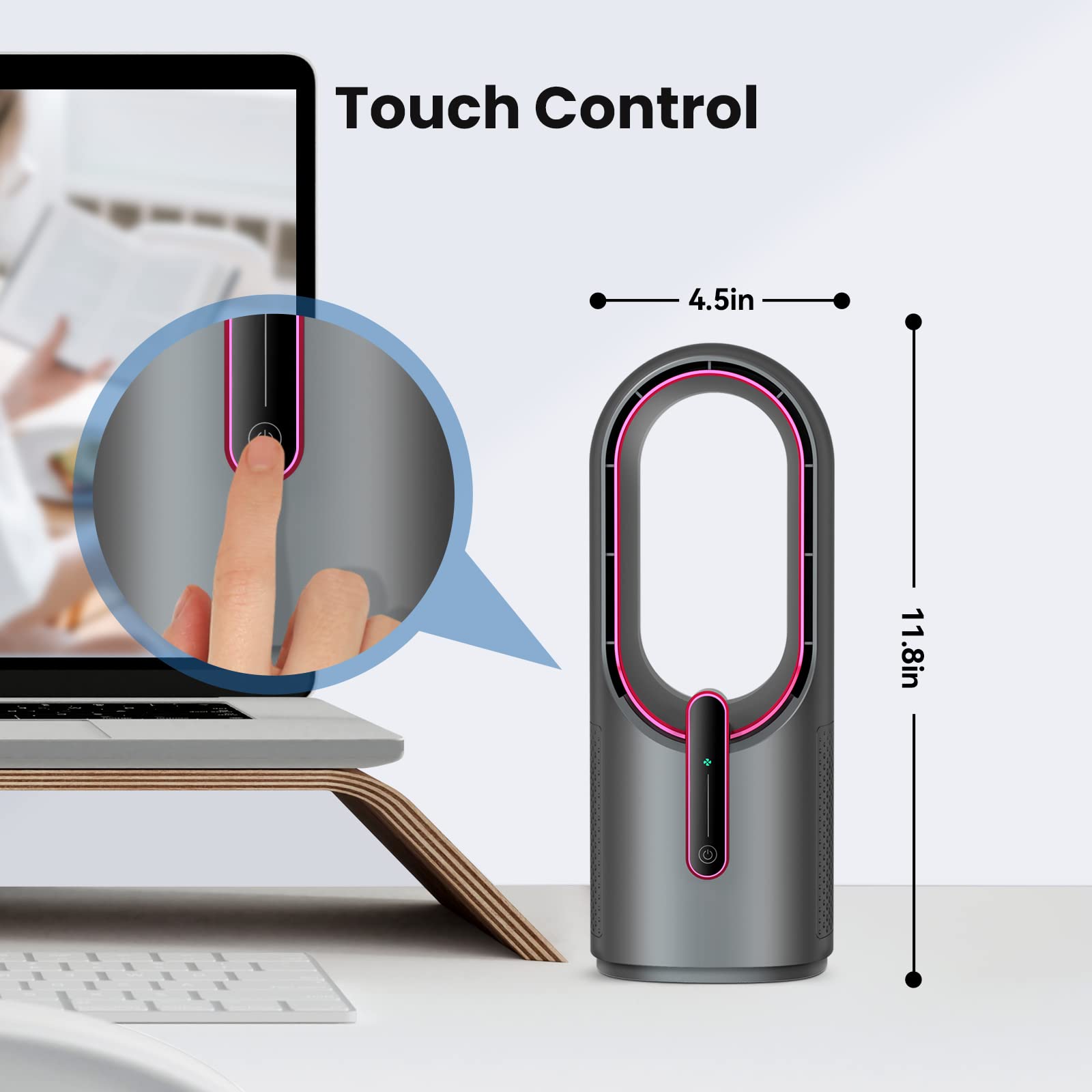 KONSIDEN Bladeless Desk Fan, 11.8 Inch, Quiet 3 Speed, Touch Control, Small, Gray/Dark Red, Easy to Clean, Ideal for Office & Home