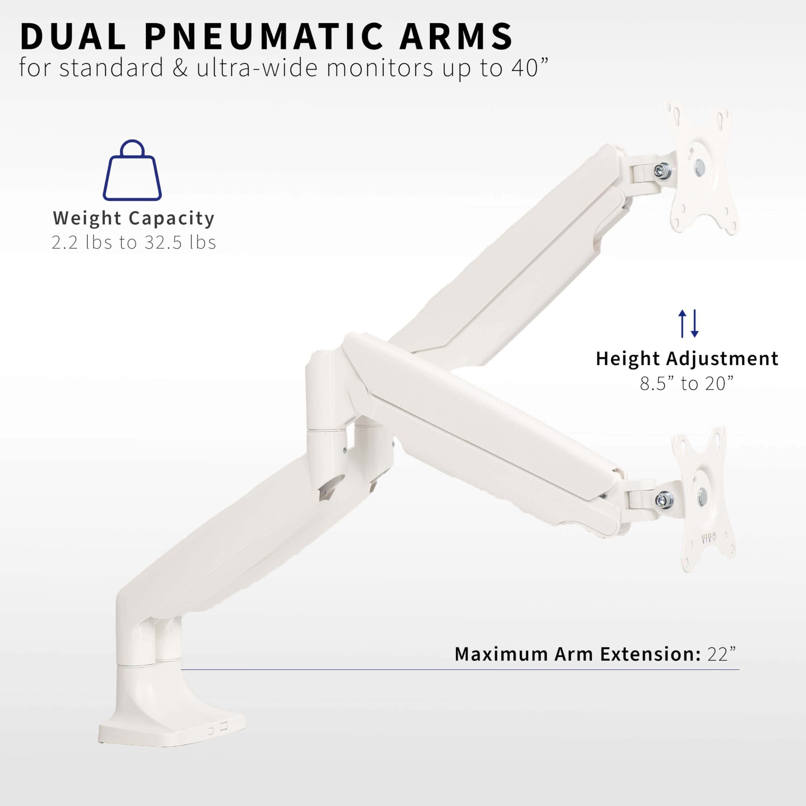 VIVO Premium Aluminum Heavy Duty Dual Monitor Arm for Ultrawide Monitors up to 40 inches and 32.5 lbs Each, Desk Mount Stand, Pneumatic Height, Max VESA 100x100, White, STAND V202QW