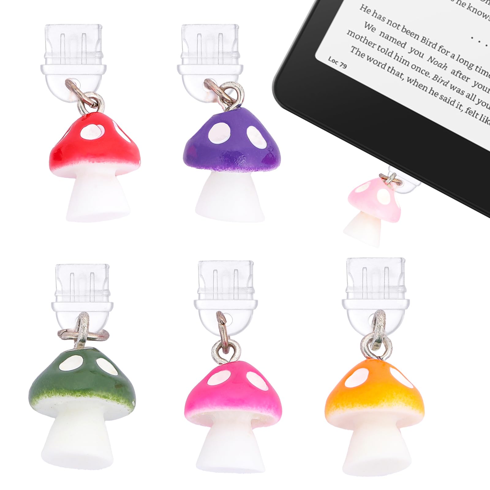 TAKEALOOKO 6 Pcs Dust Plug Charm for Kindle - Little Mushroom Charging Port Protector Pendants for TypeC/USBC Phones, Gift for E