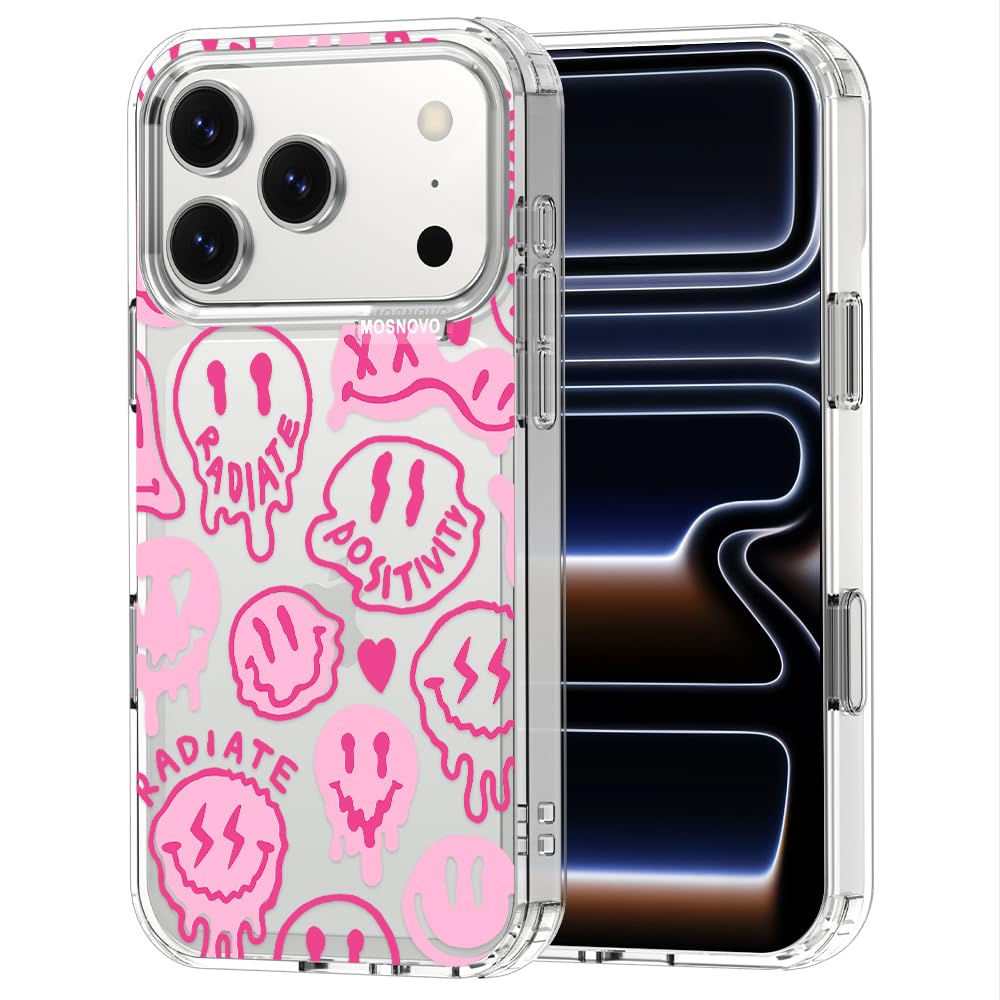 MOSNOVO for iPhone 17 Pro Case | Military Grade 6.6ft Drop Tested | Camera Control | Clear with Pink Dripping Smiles Design