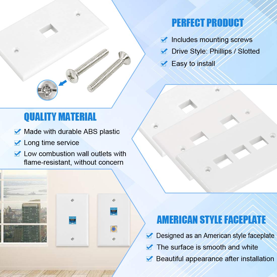 Glarks 30 Pack 1/2/3/4/6 Port White Keystone Wall Plate With Screw And 30Pcs Standard Size Keystone Jack Insert