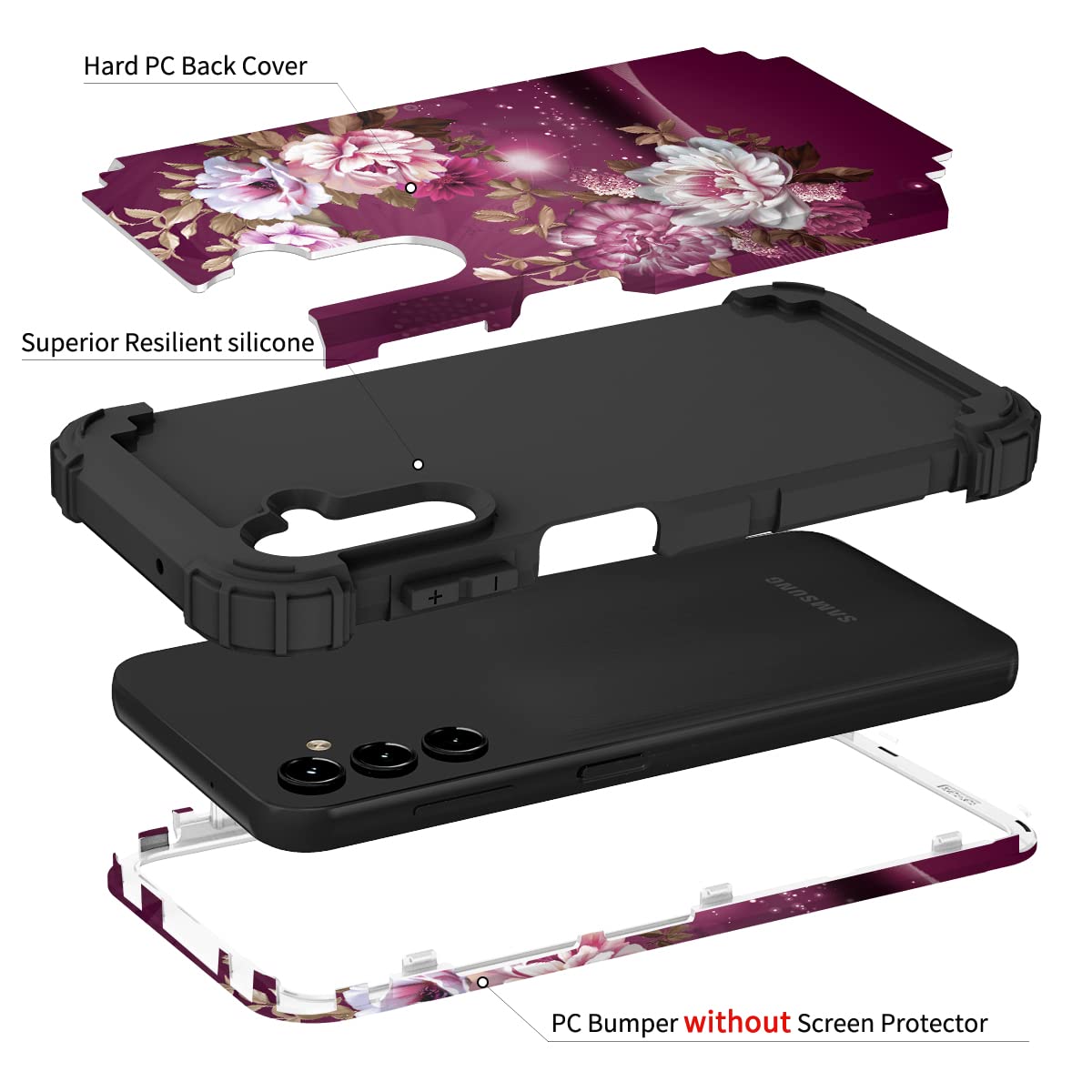 Hocase Heavy Duty Shockproof Protection Soft Silicone Rubber Bumper+Hard Plastic Hybrid Protective Case For Samsung Galaxy A14 5