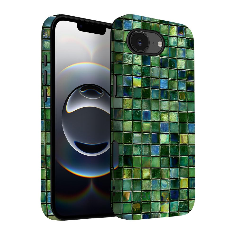 Yuzbira for iPhone 16E Case | Green Mosaic Tiles | Slim Drop Protection Design