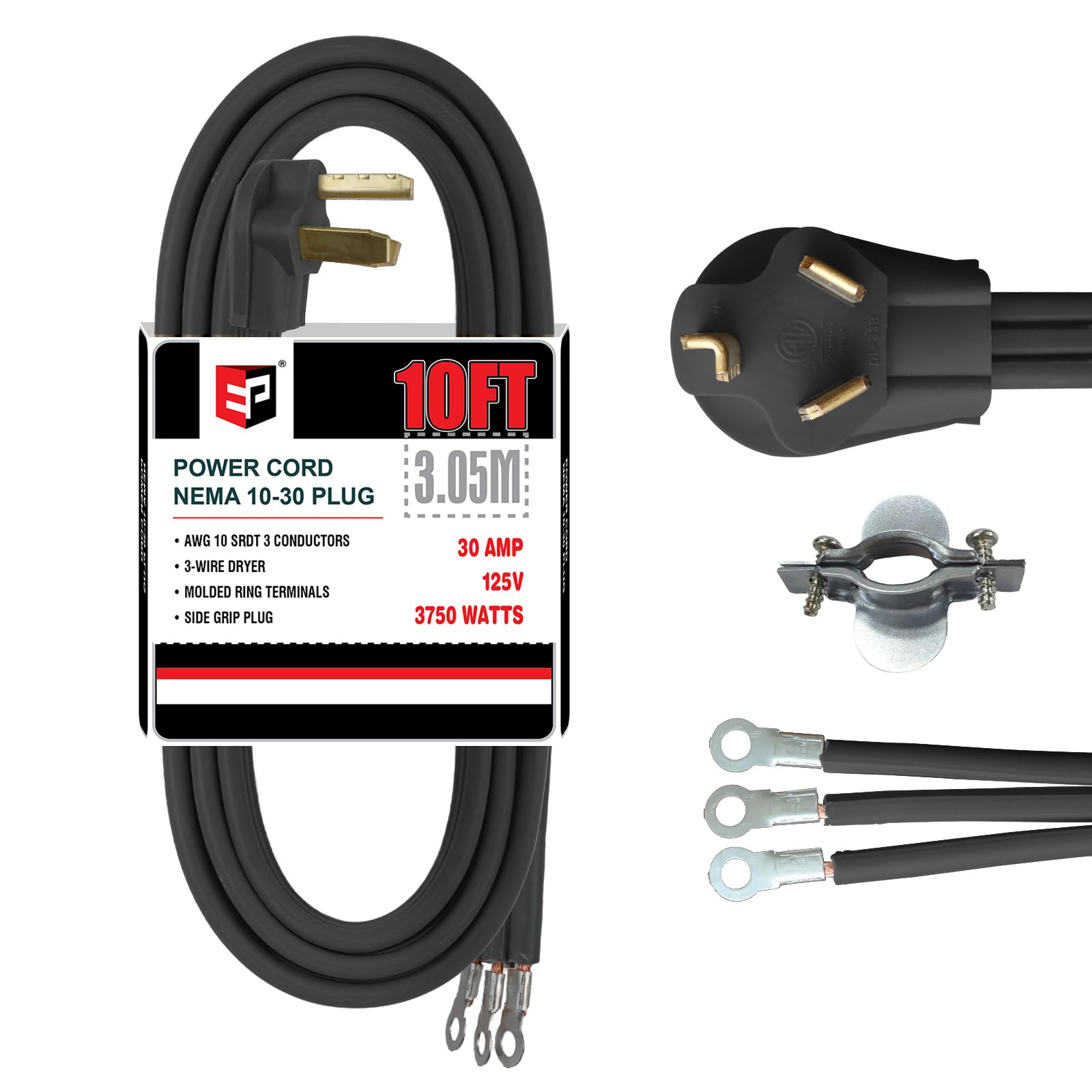 Ep 3 Prong Dryer Cord, 10 Ft 10/3 Srdt, 30Amp Appliance Extension Power Cord, Nema 14 30, Black