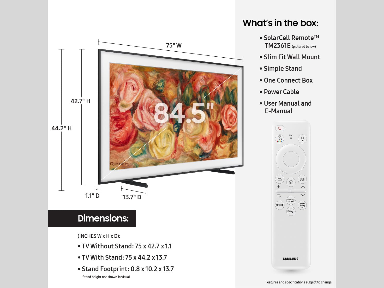 Samsung 85 Inch Class Qled 4K Ls03D The Frame Series Quantum Hdr Smart Tv W/Dolby Atmos, Art Mode, Anti Reflection, Customizable