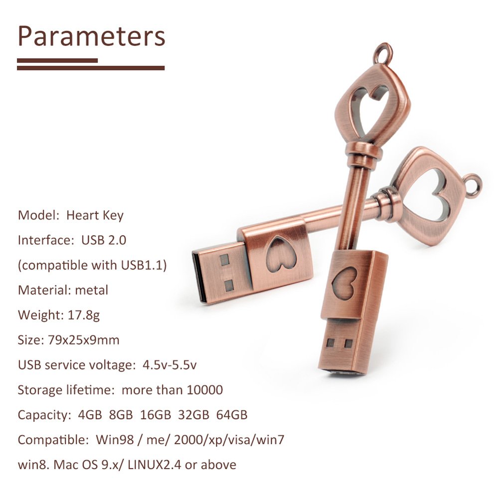 Flash Drive 16Gb Metal Key Of Love Key Chain Usb Memory Stick Pen Drive Graduation Pendrive Valentines Day Gift