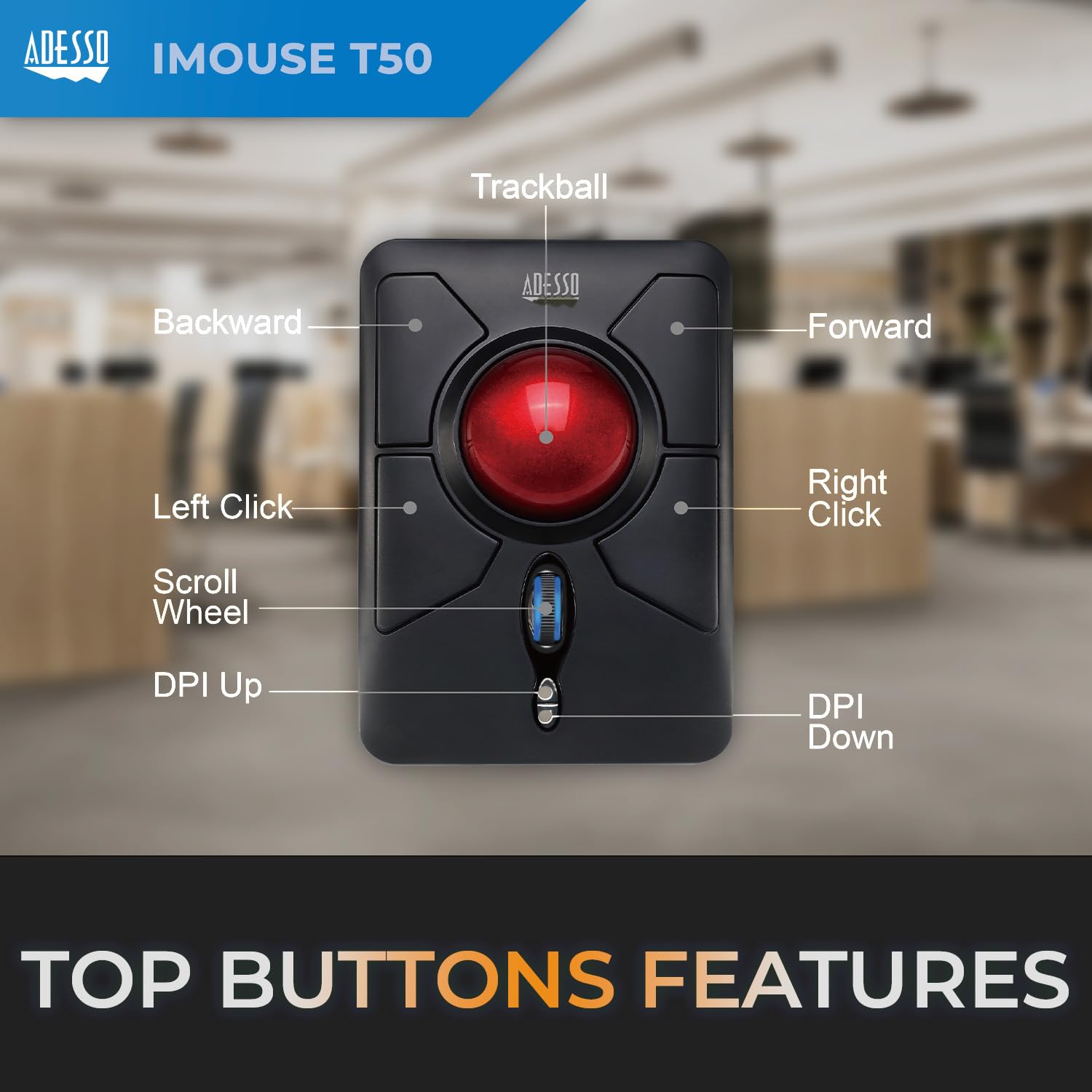 Adesso Imouse T50 Wireless Ergonomic Finger Trackball Mouse With Nano Usb Receiver, Programmable 7 Button Design, And 5 Level Dp