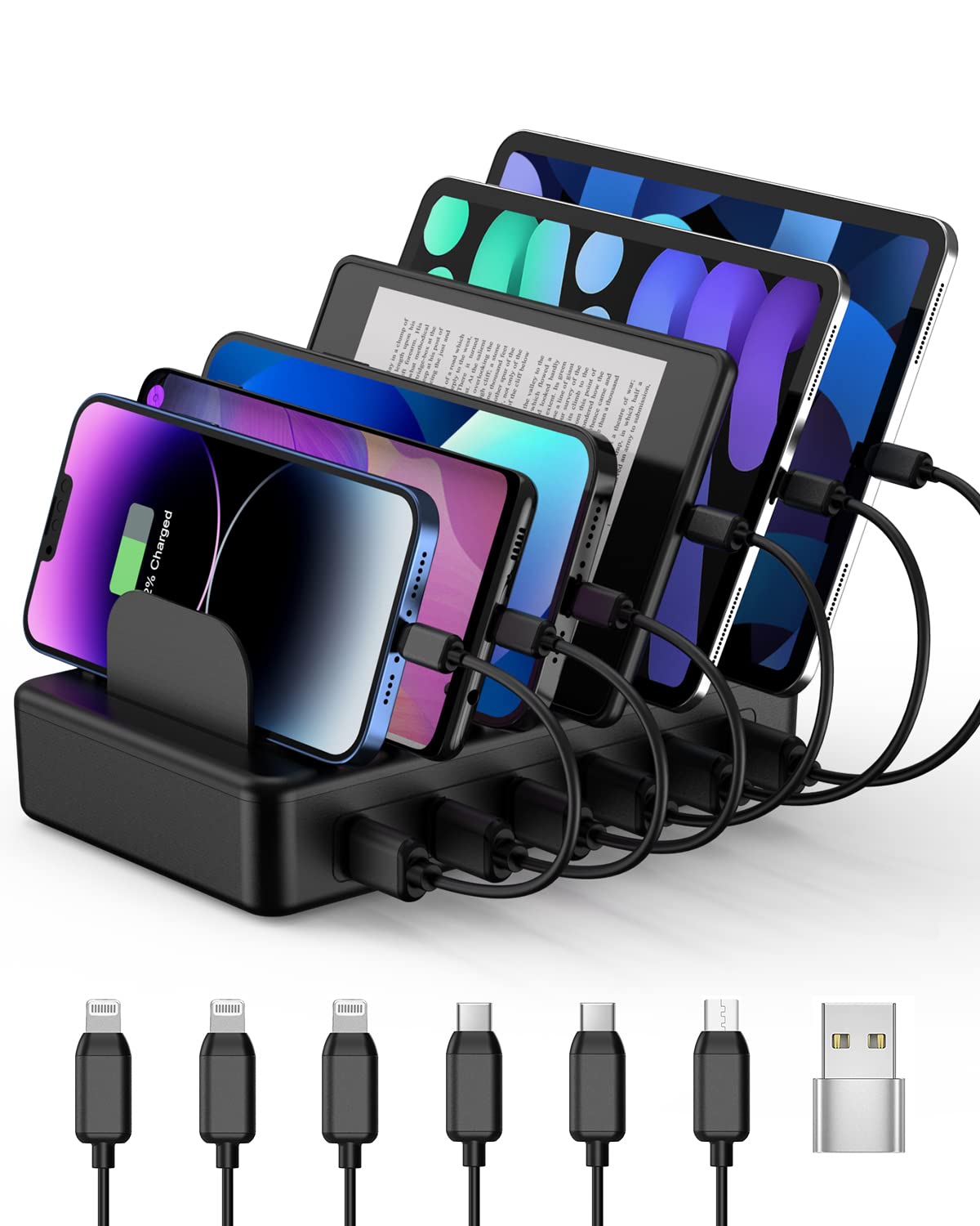 Creative Design Charging Station, 50W 6 Ports Multi Charger Station With 6 Charging Cables, Charging Dock For Multiple Devices,