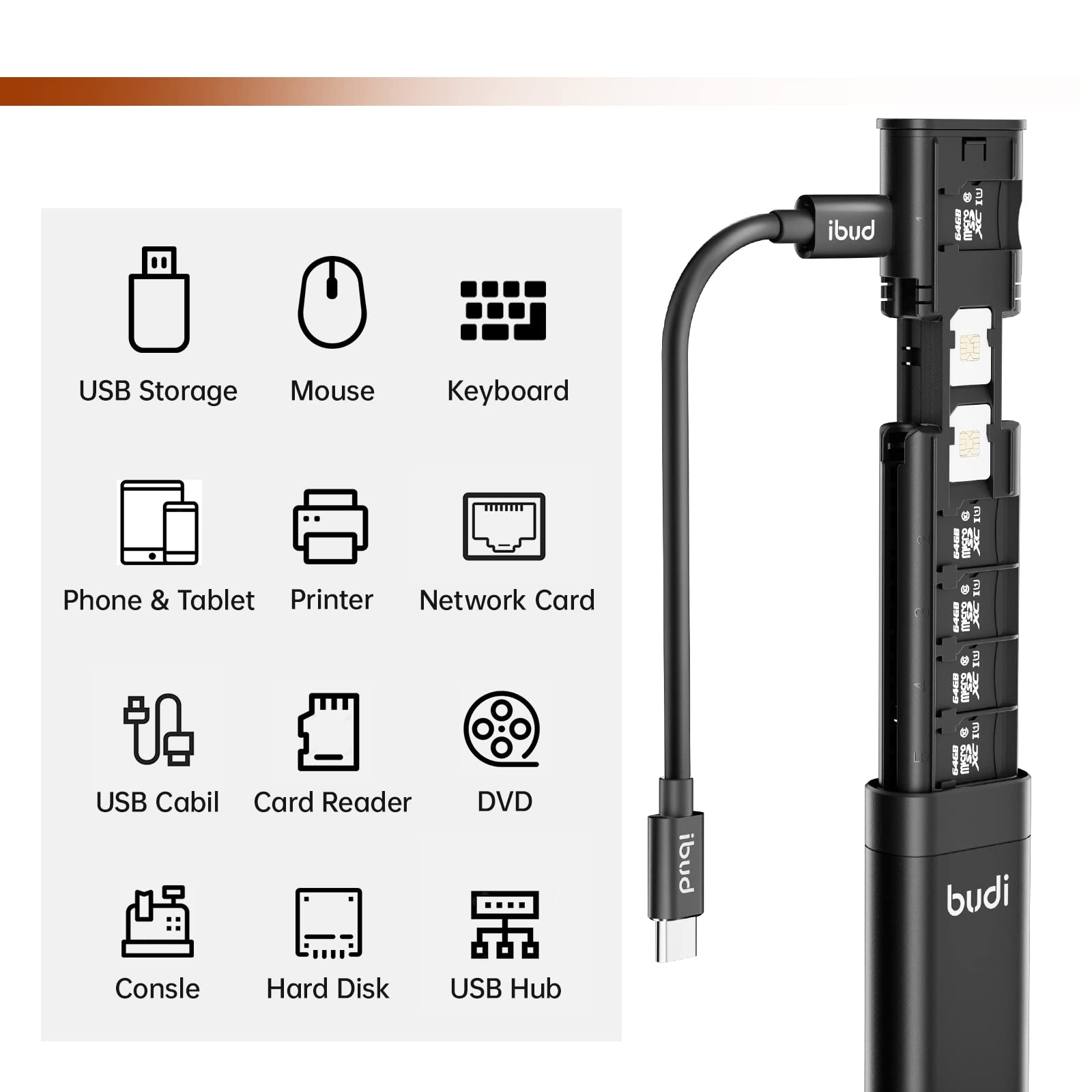 Budi Multifunctional 9 In 1 Data Cable With Usb Type C Card Reader Micro Sd Memory Card High Speed Card Reader Adapter Suitable