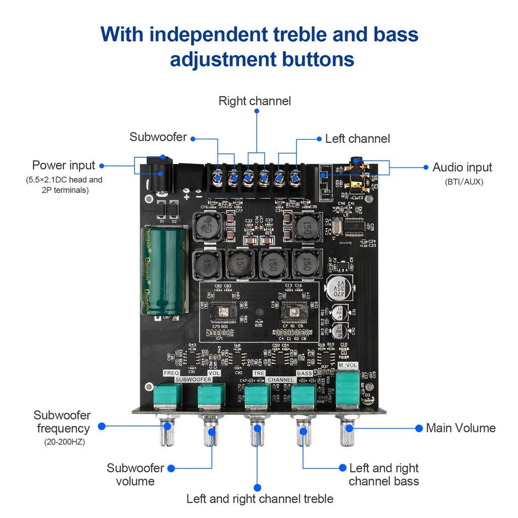 Bluetooth Audio Amplifier Board, Zk Tb21 2.1Ch 50W X 2 +100W Subwoofer Power Amp With Treble And Bass Control, Bluetooth5.0 And
