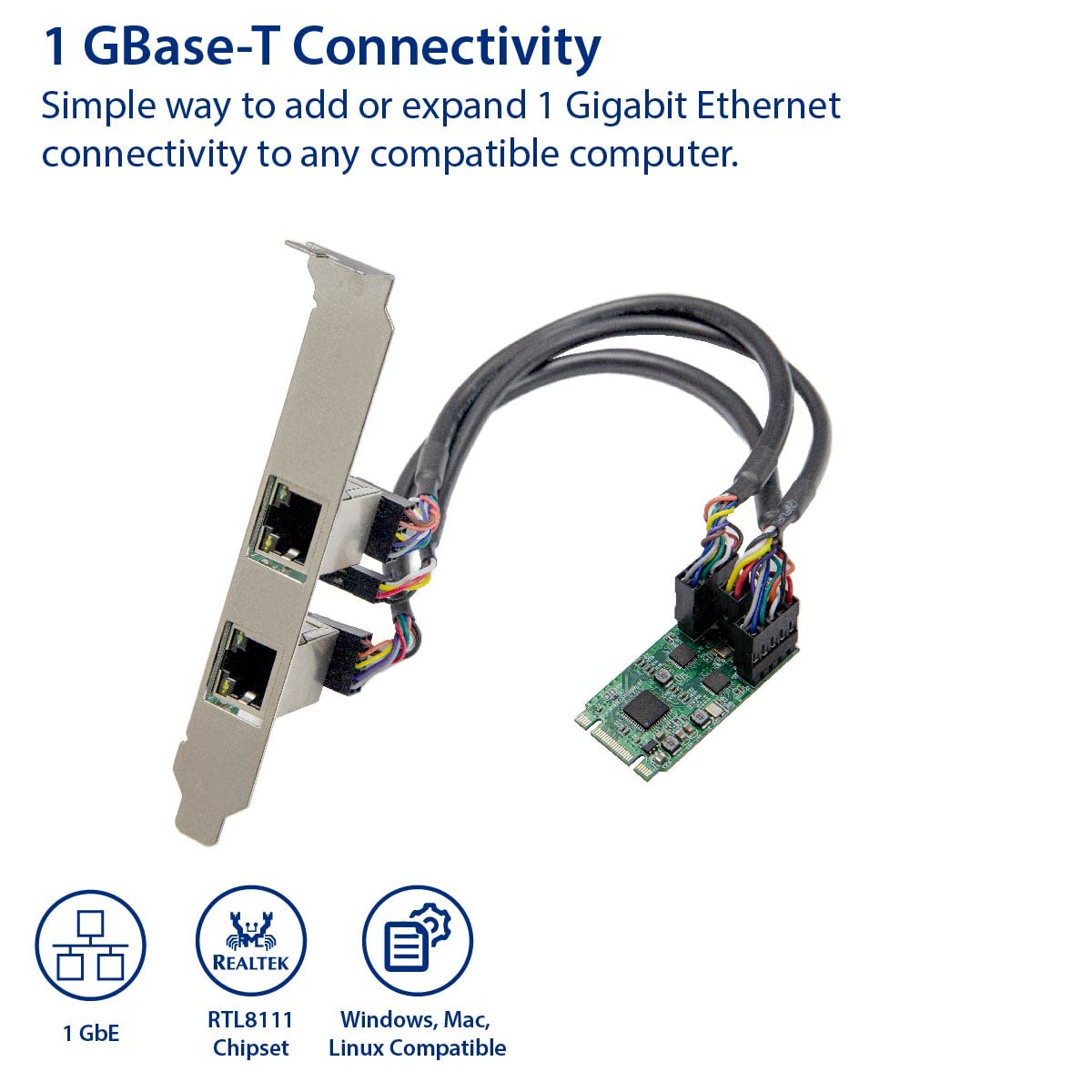 Mini PCI-Express M.2 (B-Key & M-Key) to 2-Port Gigabit Ethernet Card. 2-Port RJ45 1000Base-T LAN Card. Supports 1-Lane 2.5Gbps P