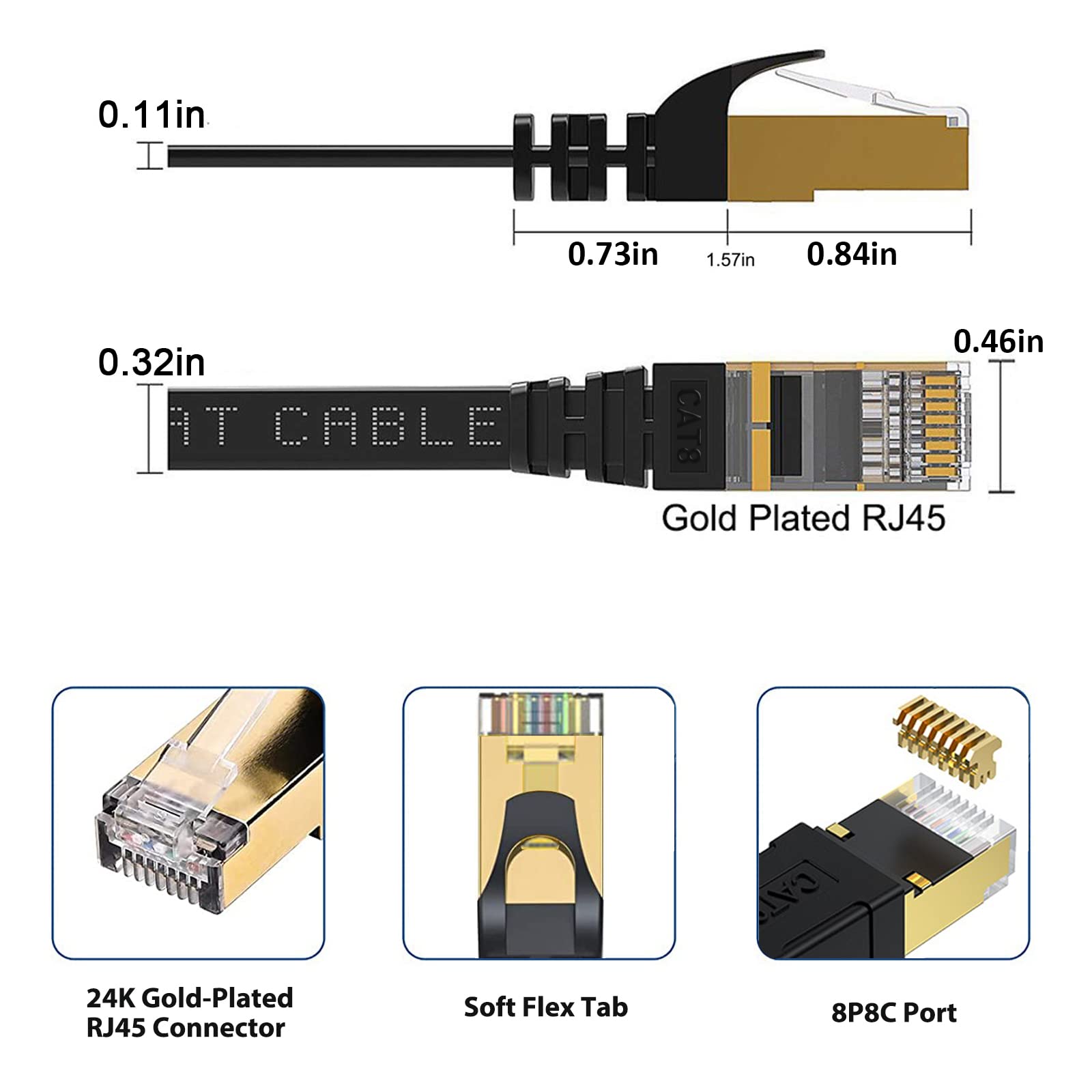 Busohe Cat 8 Ethernet Cable 10 Ft 2-Pack, 40Gbps 2000Mhz Cat8 High Speed Flat Internet Network Patch Cord, Sftp Shielded Lan Wir