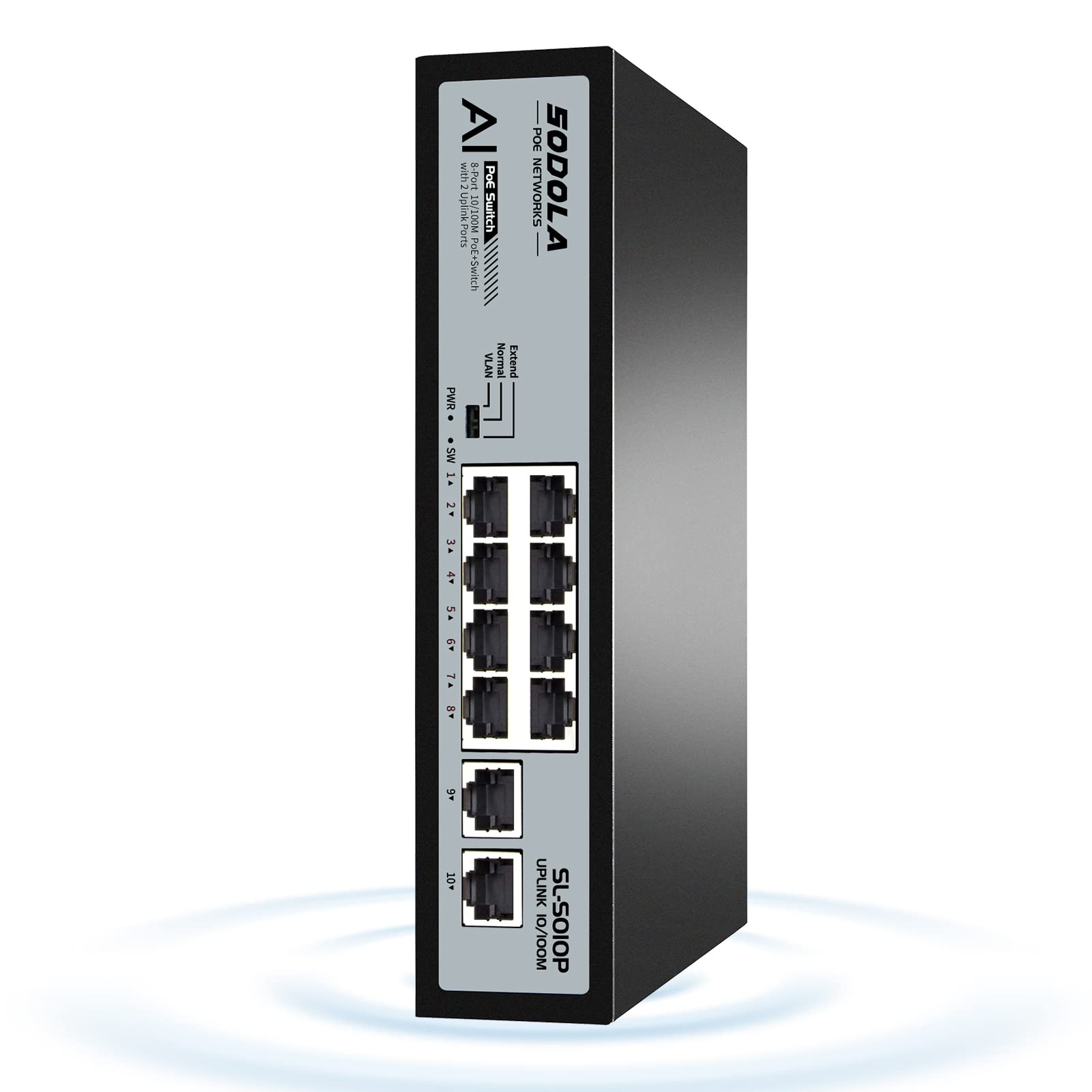 Sodola 8 Port Poe Switch 100Mbps/8 Poe+ Port,2 Ethernet Uplink,120W 802.3Af/At, Extend Function, Fanless Metal Plug & Play Unman