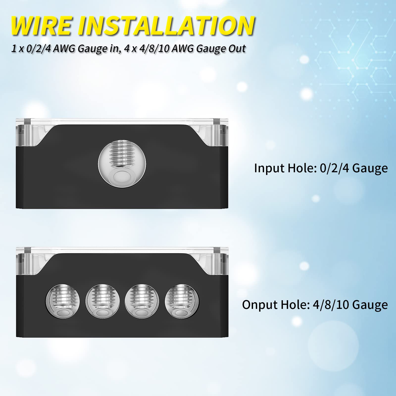 Joinfworld 4 Way Power Distribution Block Car Audio 0/2/4 Gauge Input 4/8/10 Gauge Output Amp Ground Distribution Block Splitter   2Pcs