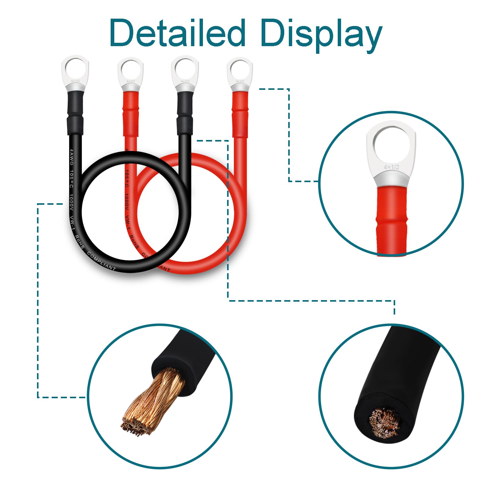 Qiatol Battery Cable, 4 Awg Battery Cables With Terminals, 2Pcs Copper Battery Cables., Red & Black(2Pcs)