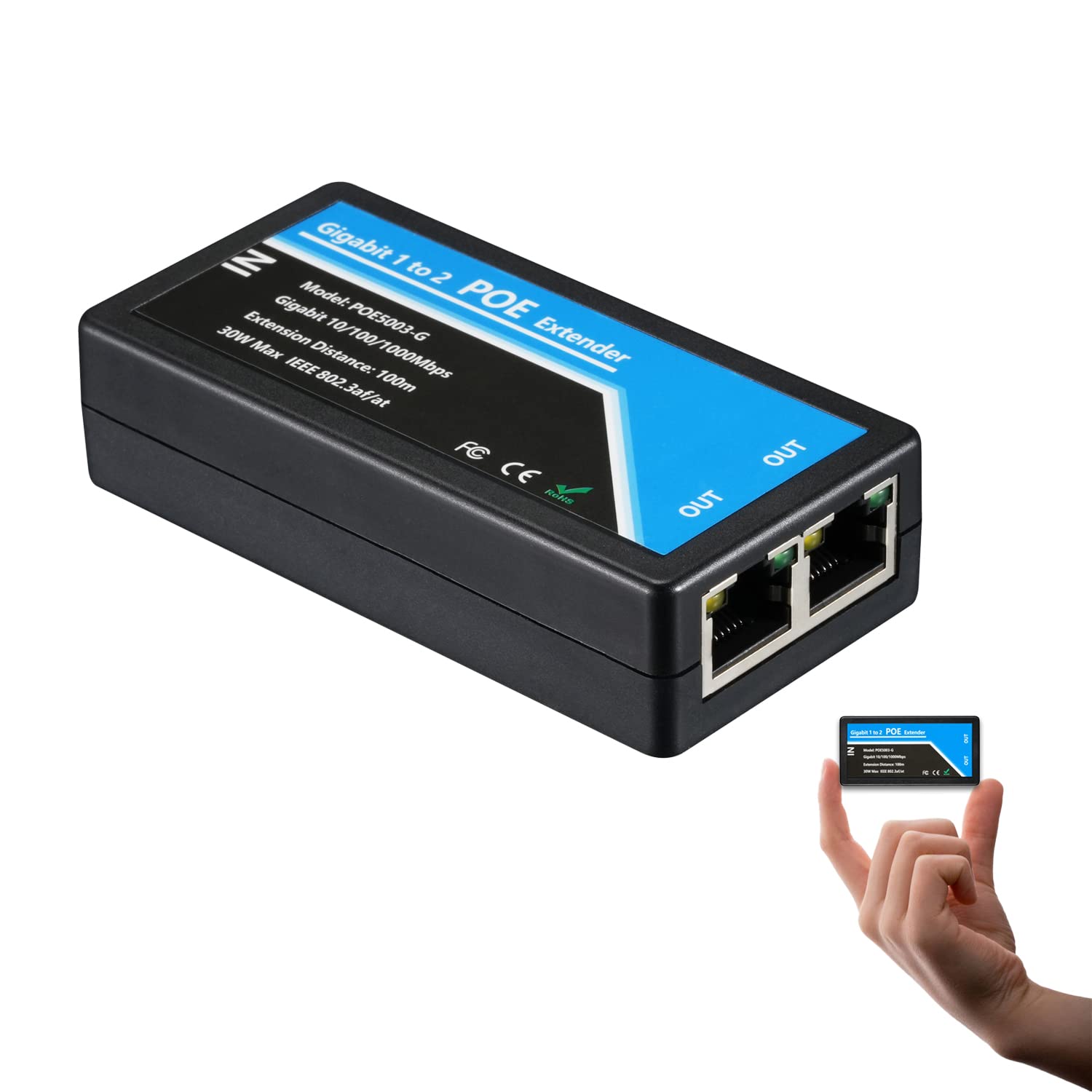 Revotech Gigabit 2 Port Poe Extender, Ieee 802.3Af/At Poe+ Standard, 10,100,1000Mbps, Poe Repeater 100 Meters(328 Ft), Extender
