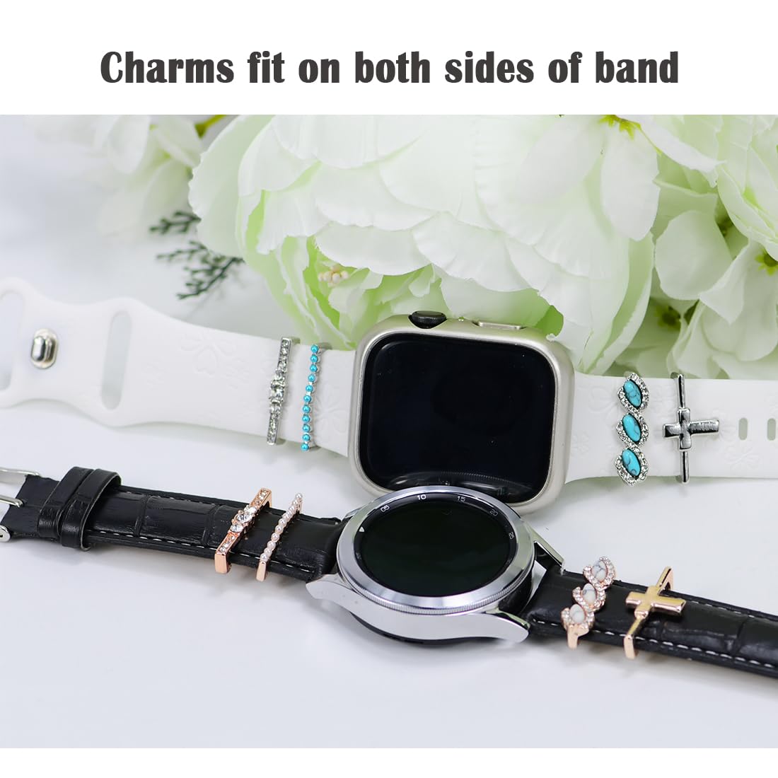 Sunoreek Silver Cross Watch Band Charms For Apple Women - Iwatch Bands Charms, Western Turquoise Decorative Rings Loops For Appl