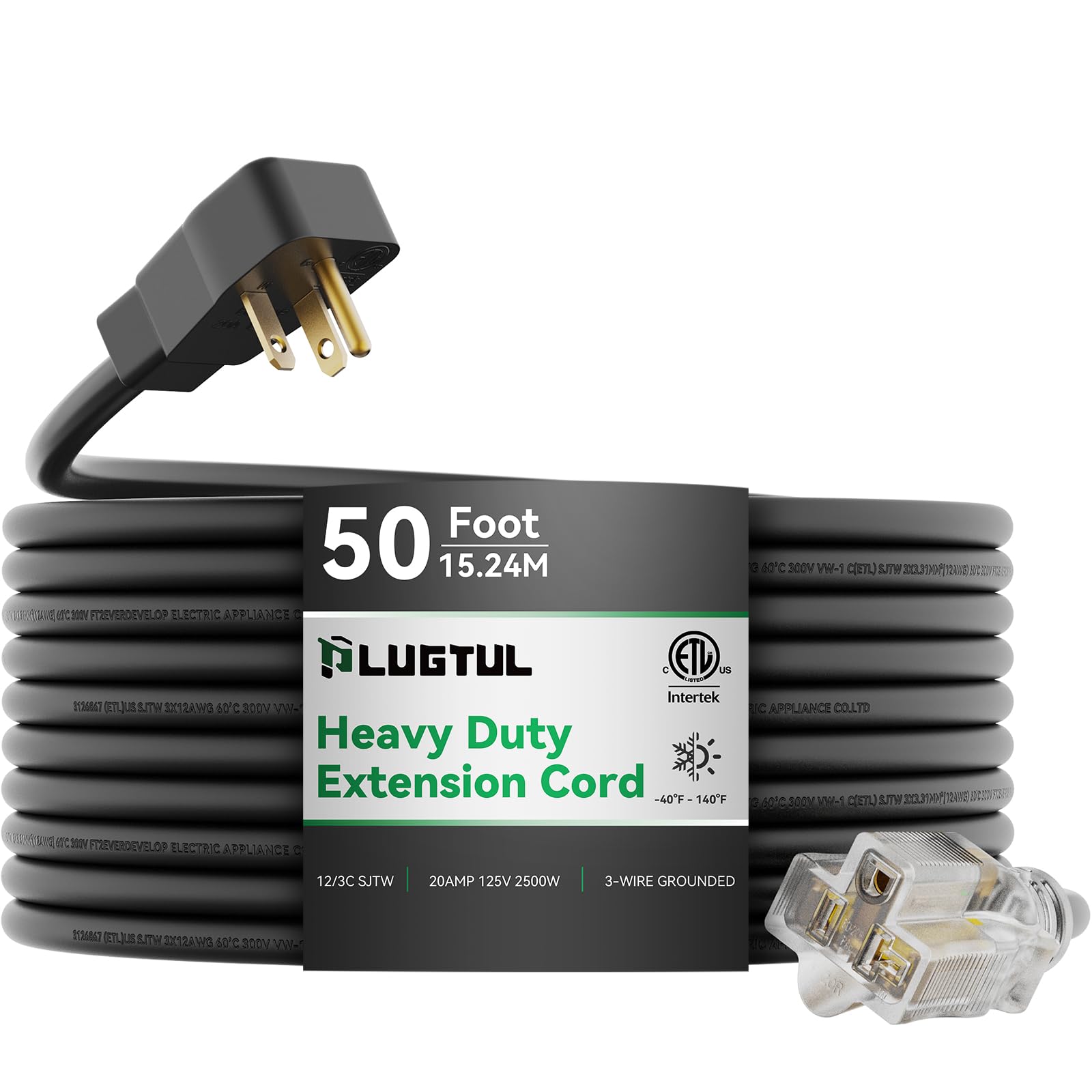 Plugtul 20Amp Extension Cord 50Ft, Nema 5 20 Heavy Duty Extension Cord, Lighted End, 12Gauge, Sjtw, 20Amp 125V 2500W, Black