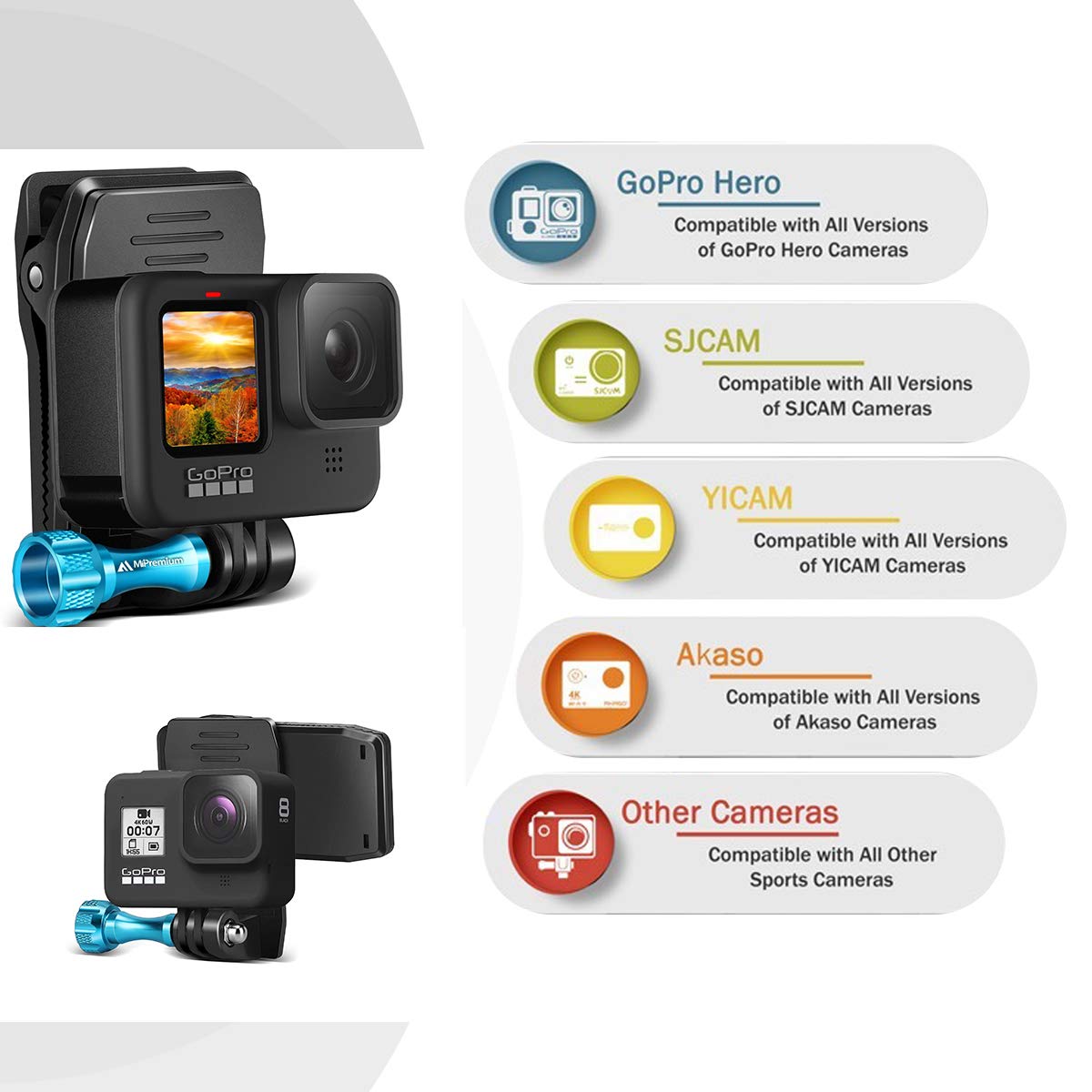 Mipremium Backpack Strap Clip Mount For Gopro Hero 13 12 11 10 9 8 7 6 5 4 3+ Session Black Silver Xiaoyi 4K Sjcam Yi Sports Action Camera Perfect Shoulder And Hat Quick Release Clamp Body Cam Holder