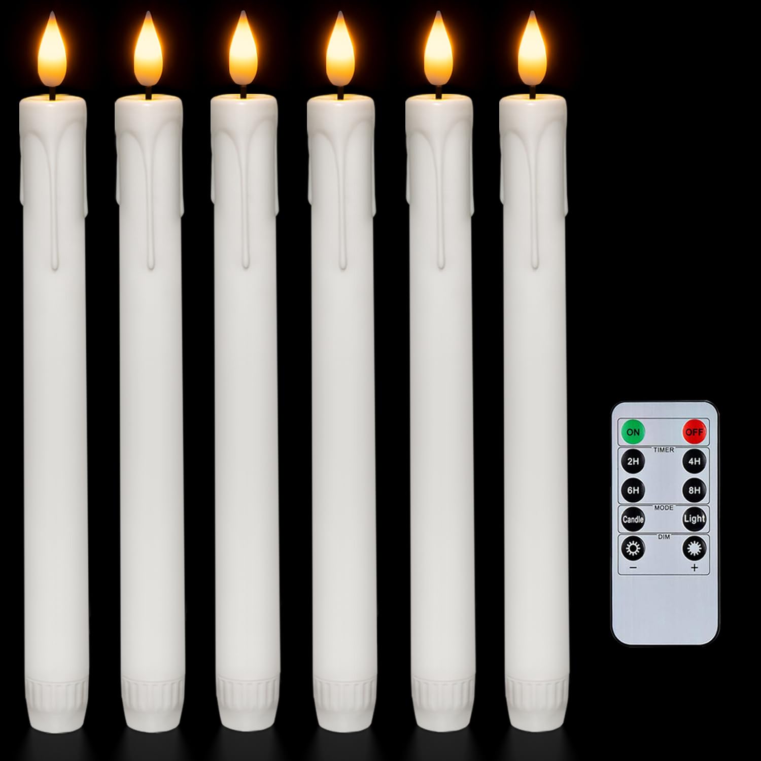 Homemory 6 Pcs Flameless Taper Candles With Remote, Timer, Dimmer, 9.6 Inches Plastic White Led Candlesticks With Flickering Lig