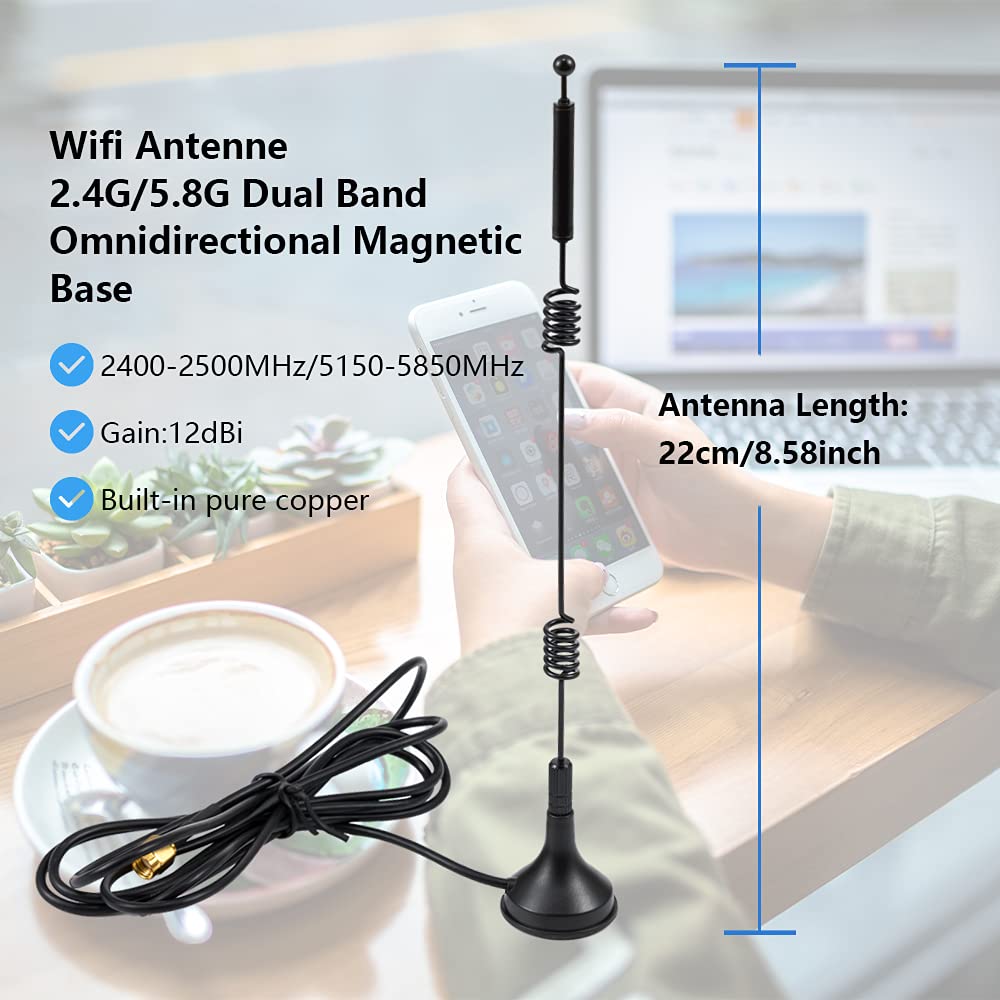 Pobady Wifi Antenna 2.4G /5G/5.8G Dual Frequency 12Dbi Mimo Omnidirectional Signal Booster Magnetic Base Rp Sma Adapter 1.5M 4.9