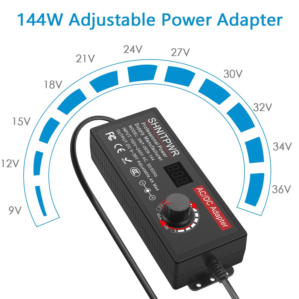 Shnitpwr 144W Universal Power Supply Adjustable Dc 36V 30V 24V 20V 19V 14V 12V 9V Ac/Dc Adapter 100V~240V Ac To Dc Variable Powe