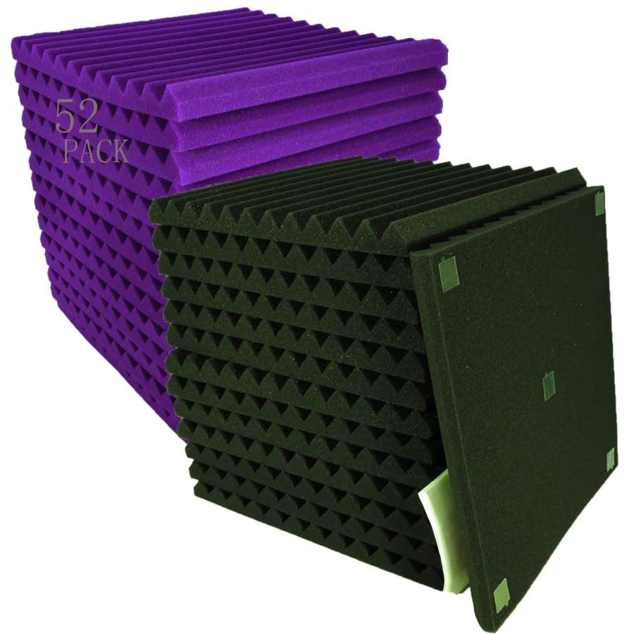 52 Pack 12 ''X 12 ''X1'' Acoustic Panels Studio Soundproofing Foam Wedge Tiles, (24Black+24Purple)