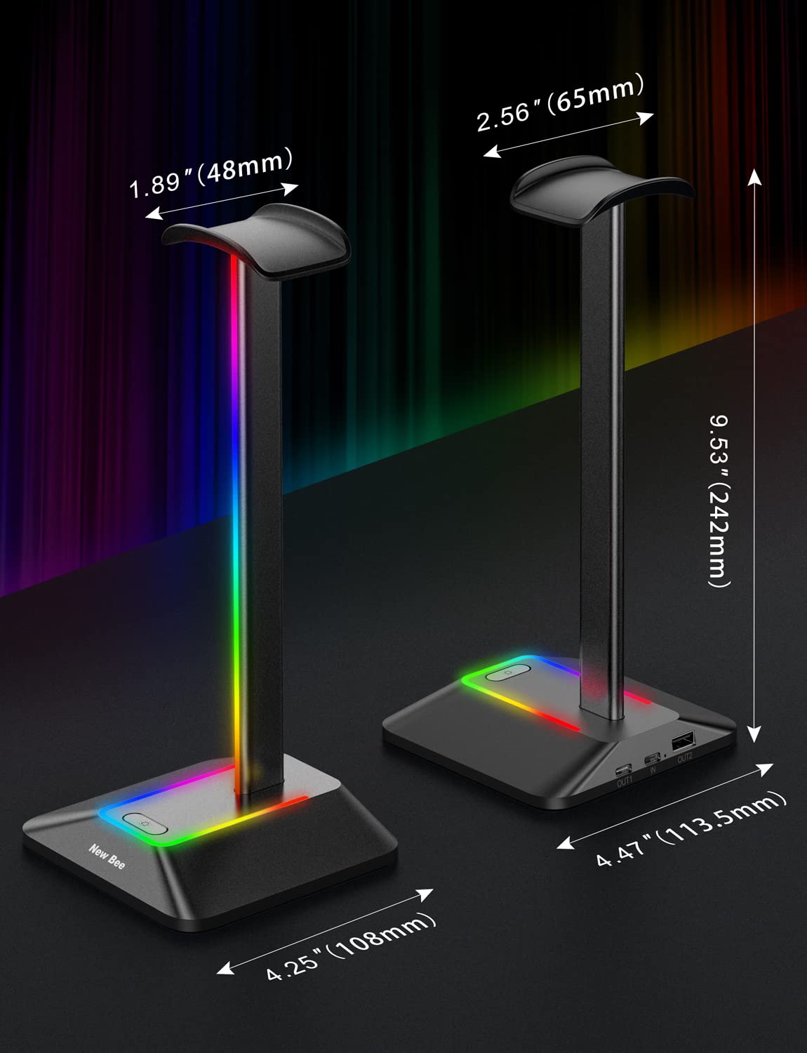 New Bee Rgb Headphone Stand With 1 Usb-C Charging Port And 1 Usb Charging Port, Desk Gaming Headset Stand With 7 Light Modes For