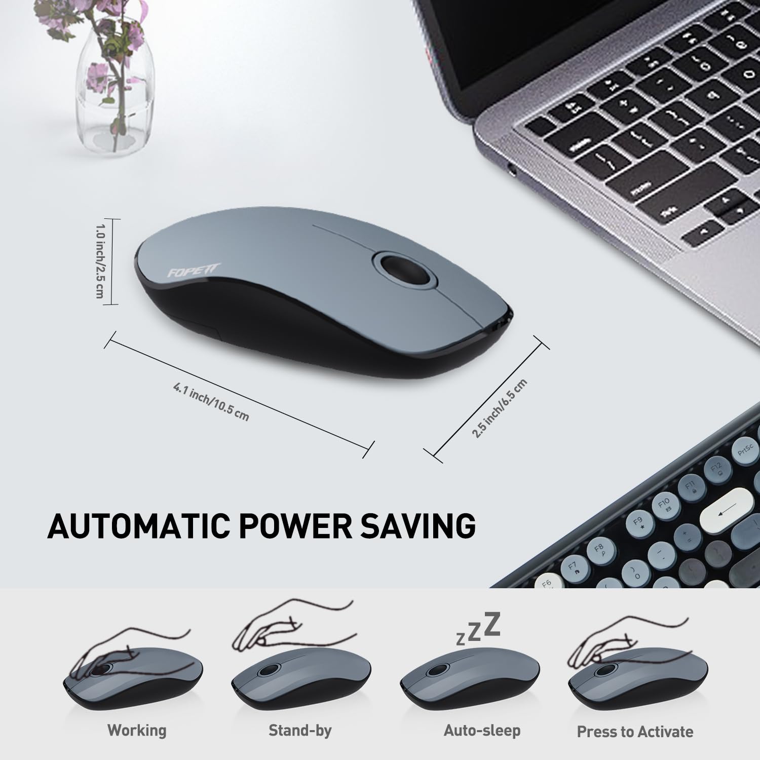 Keyboard And Mouse Wireless,Cute Retro Wireless Keyboard Mouse Combo With Round Key,2.4Ghz Dropout Free Connection,Typewriter Wi