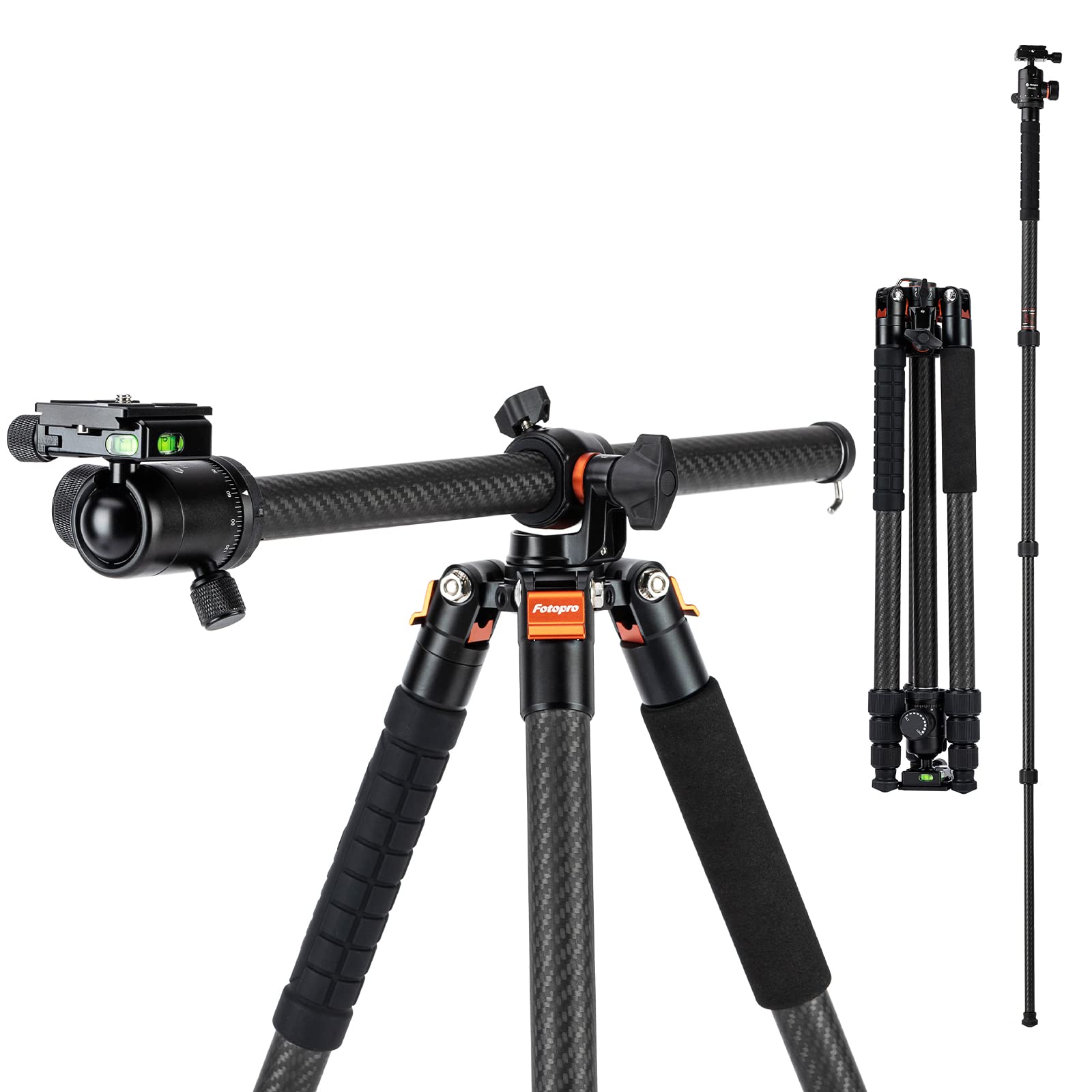 Fotopro Horizontal Camera Tripod 62.6 Inch Carbon Fiber 360 Degree Ball Head Quick Release Plate Dslr Tripod For Travel Camera V