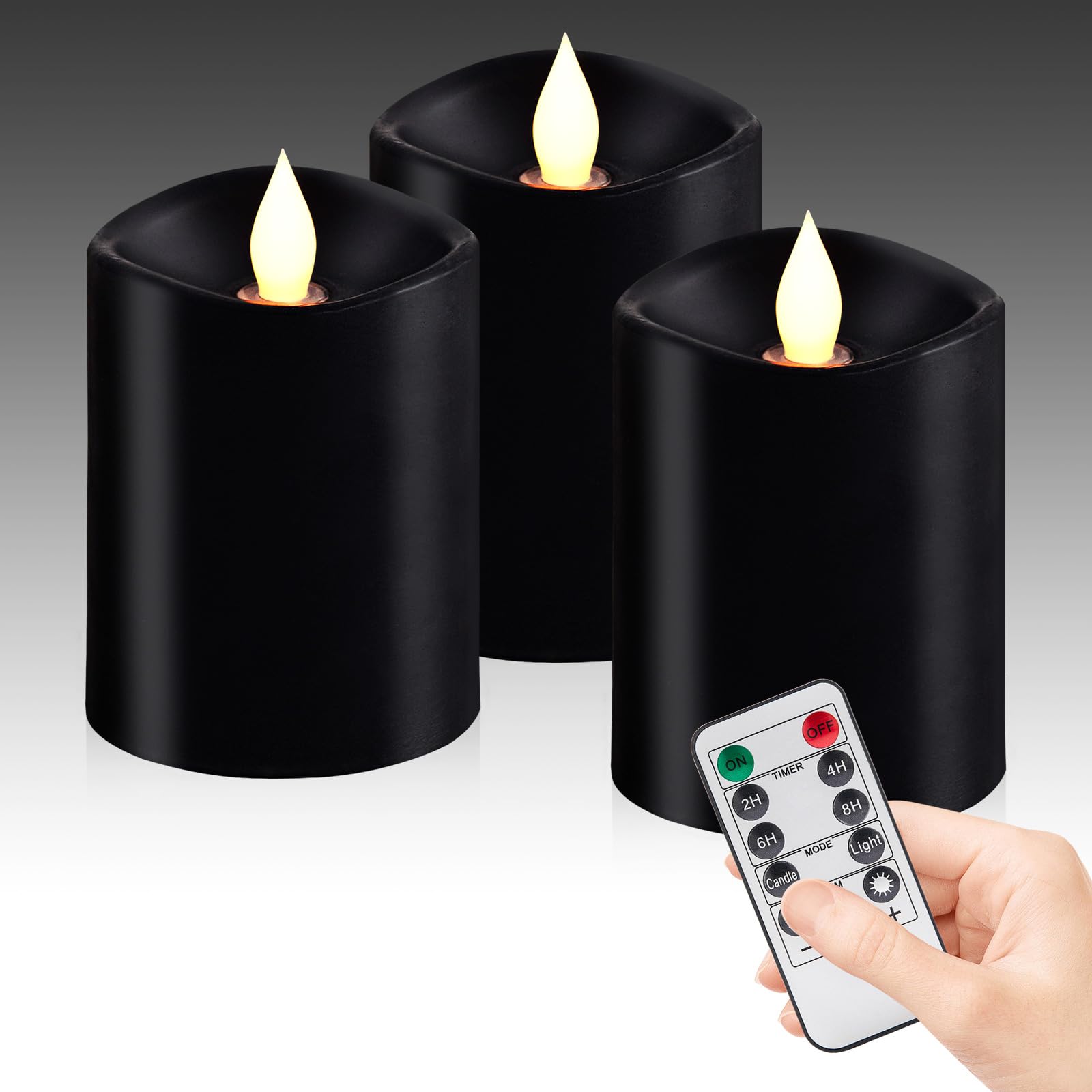 Woocodowe Black Pillar Flameless Candles - 3D Flickering, Remote Timer, Battery Operated, 600+ Hours, Halloween & Gothic Themed 