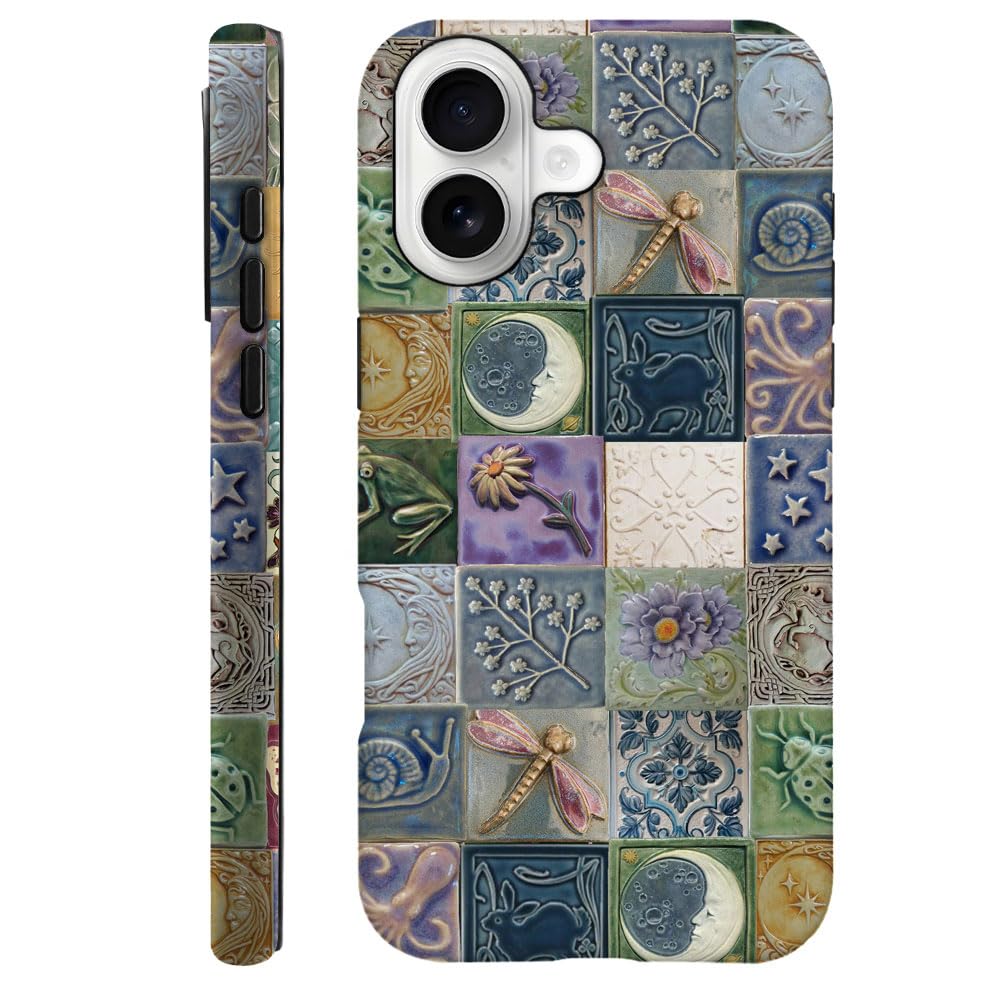 Compatible with iPhone 17,Durable & Shockproof Phone Case Cover Design - Tiles Pattern Moon Dragonfly Flower