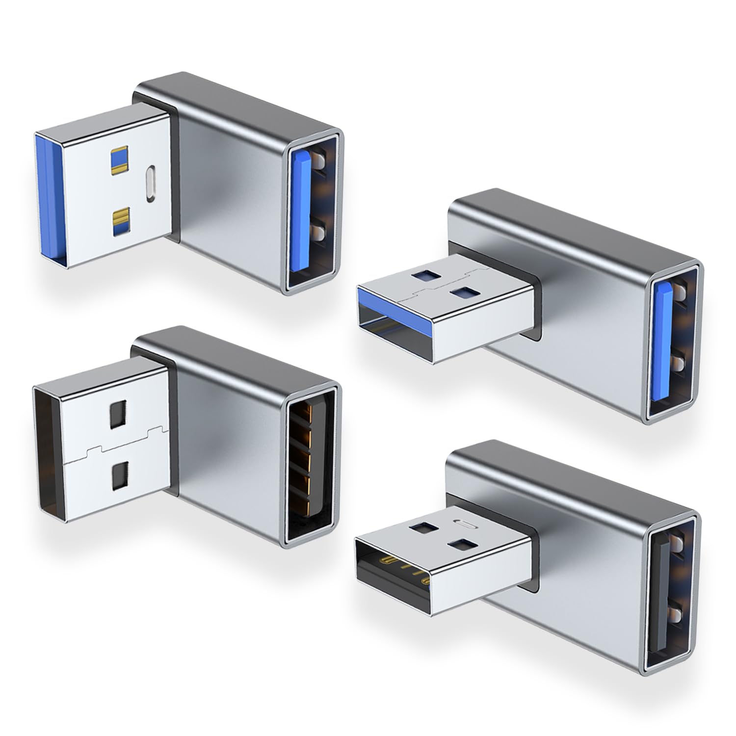 Areme 90 Degree Usb 3.0 Adapter 4 Pack, Up And Down Angle, Left And Right Angle Usb A Male To Female Converter Extender For Pc, Laptop, Usb A Charger, Power Bank And More (Grey)