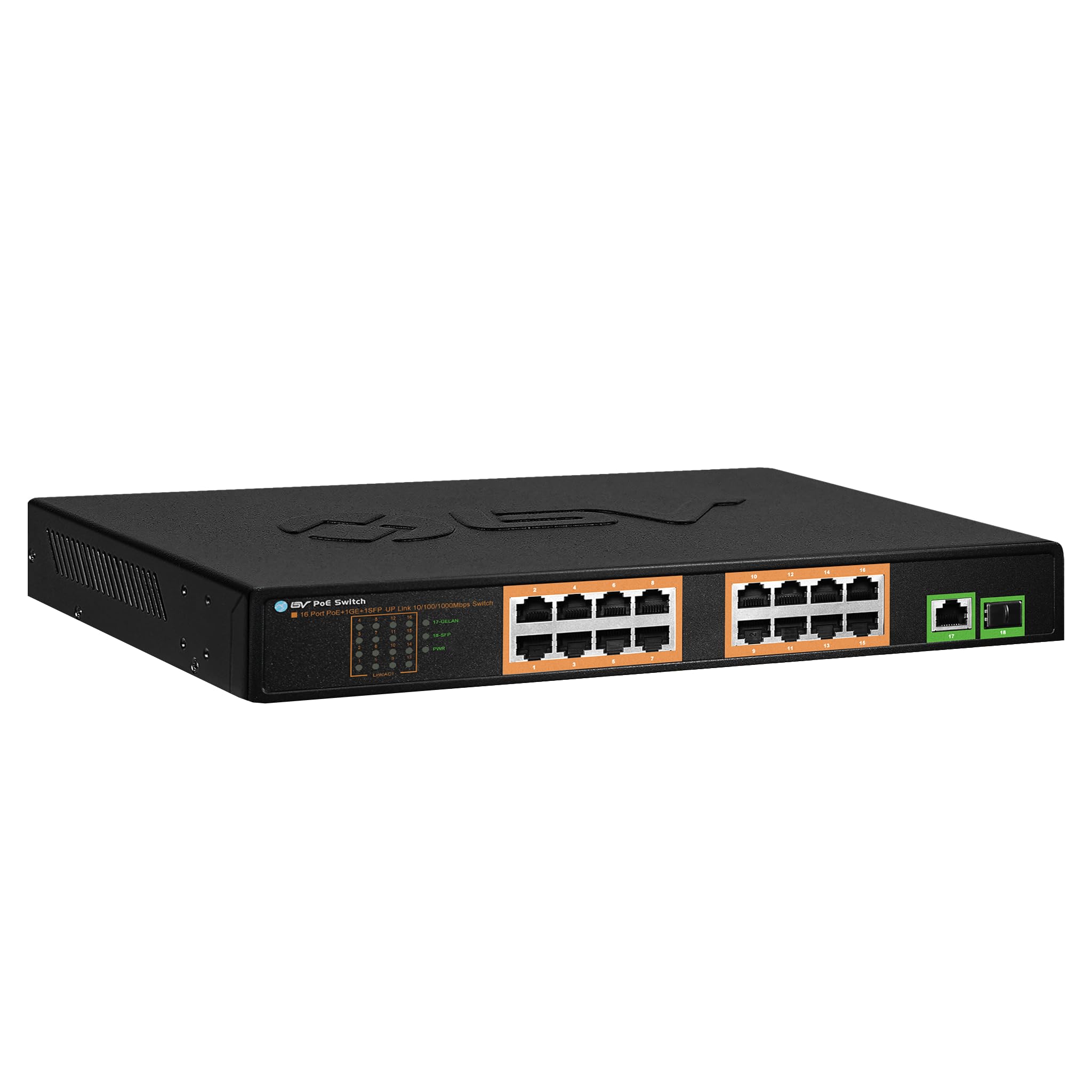 Bv Tech 18 Ports Long Range Poe+ Switch (16 Poe+ Ports | 2 Gigabit Ethernet Uplink)   19'' Rackmount   120W   802.3Af/At  Deskto