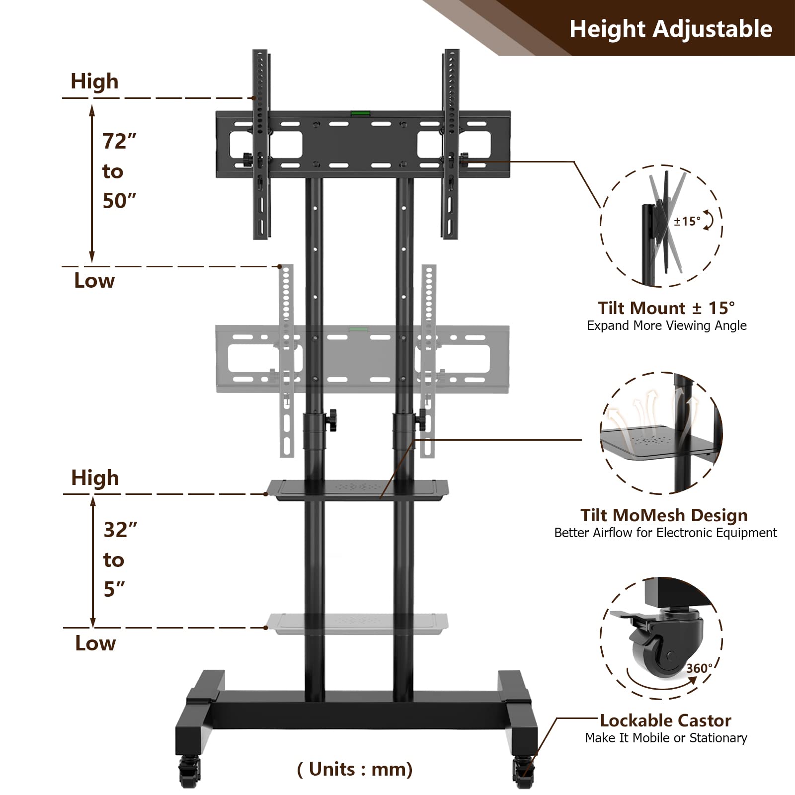 Tavr Dual Mobile Tv Stand Rolling Tv Cart Floor Stand With 2 Tv Brackets On Locking Wheel Height Adjustable Shelf For 32 70 Inch