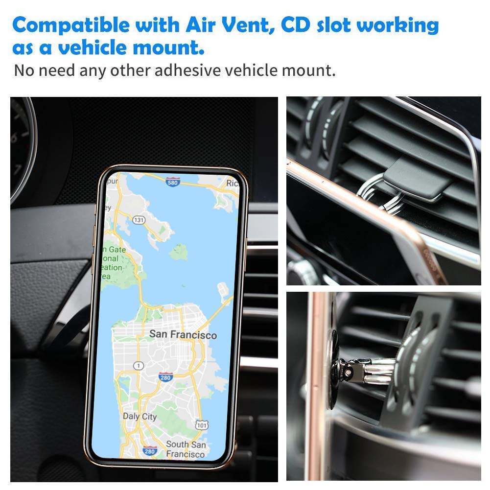 Airfly Phone Finger Ring Holder, 4 In 1, Universal Metal Phone Ring, Table Stand Kickstand, Car Vent Mount, Finger Grip Compatib
