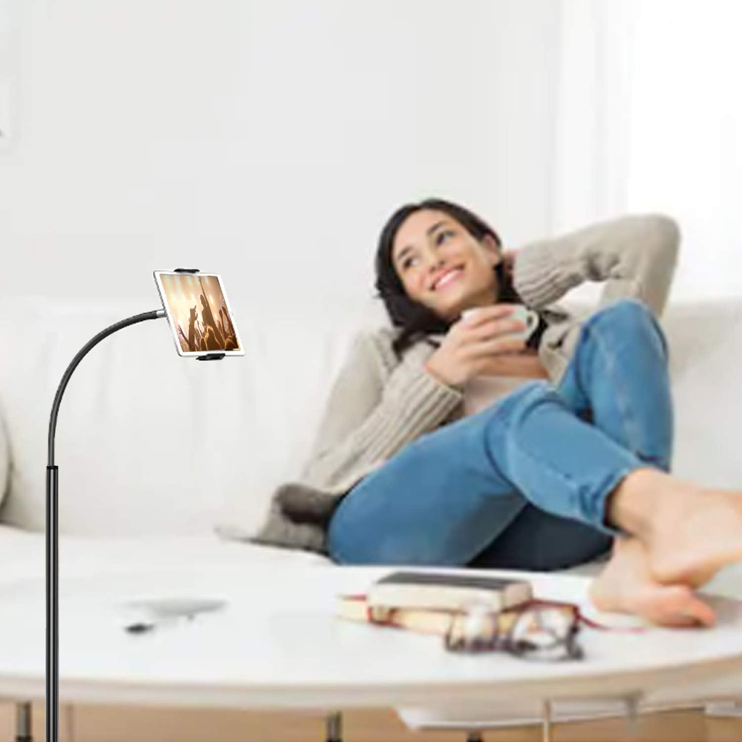 Creatop Tablet Floor Stand With Flexible Gooseneck And Stable Base, Tablet Stand Adjustable 360 Degree Roating Floor Stand For I