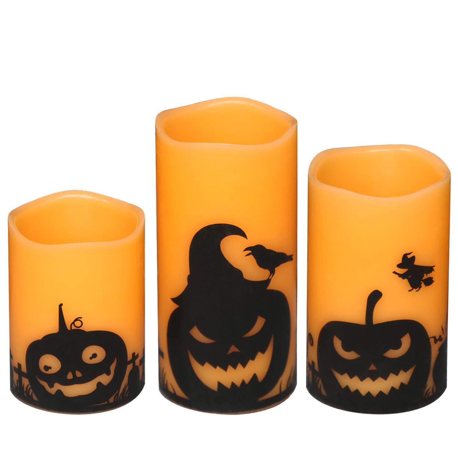 Dromance Pumpkin Flameless Candles Battery Operated With 6H Timer, Set Of 3 Real Wax Led Flickering Pillar Candles Spooky Hallow