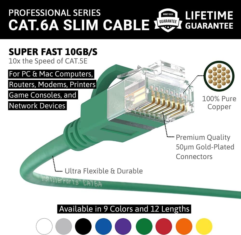 Installerparts Ethernet Cable Cat6A Slim Cable Utp Booted 10 Ft (5 Pack)   Green   Professional Series   10Gigabit/Sec Network/H