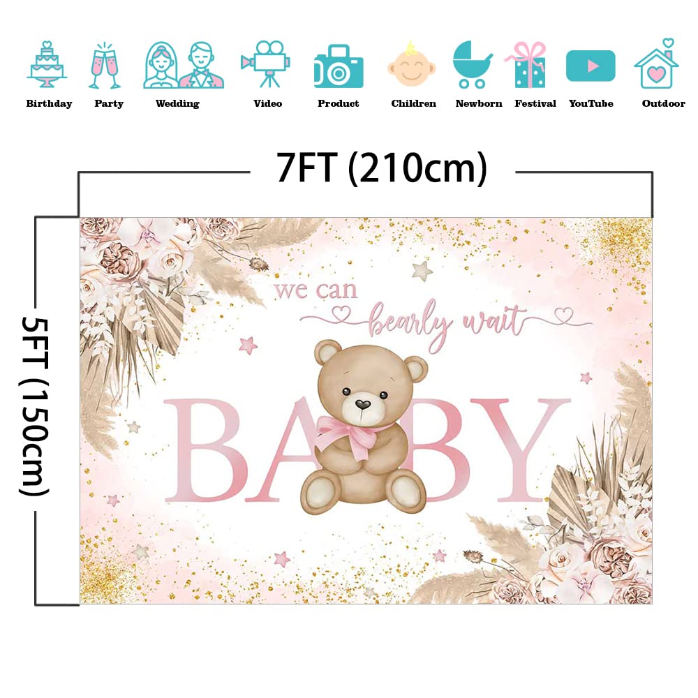 Mocsicka Girl Bear Backdrop Pink Boho Pampas Grass Background We Can Bearly Wait Baby Shower Party Cake Table Decoration Photo B