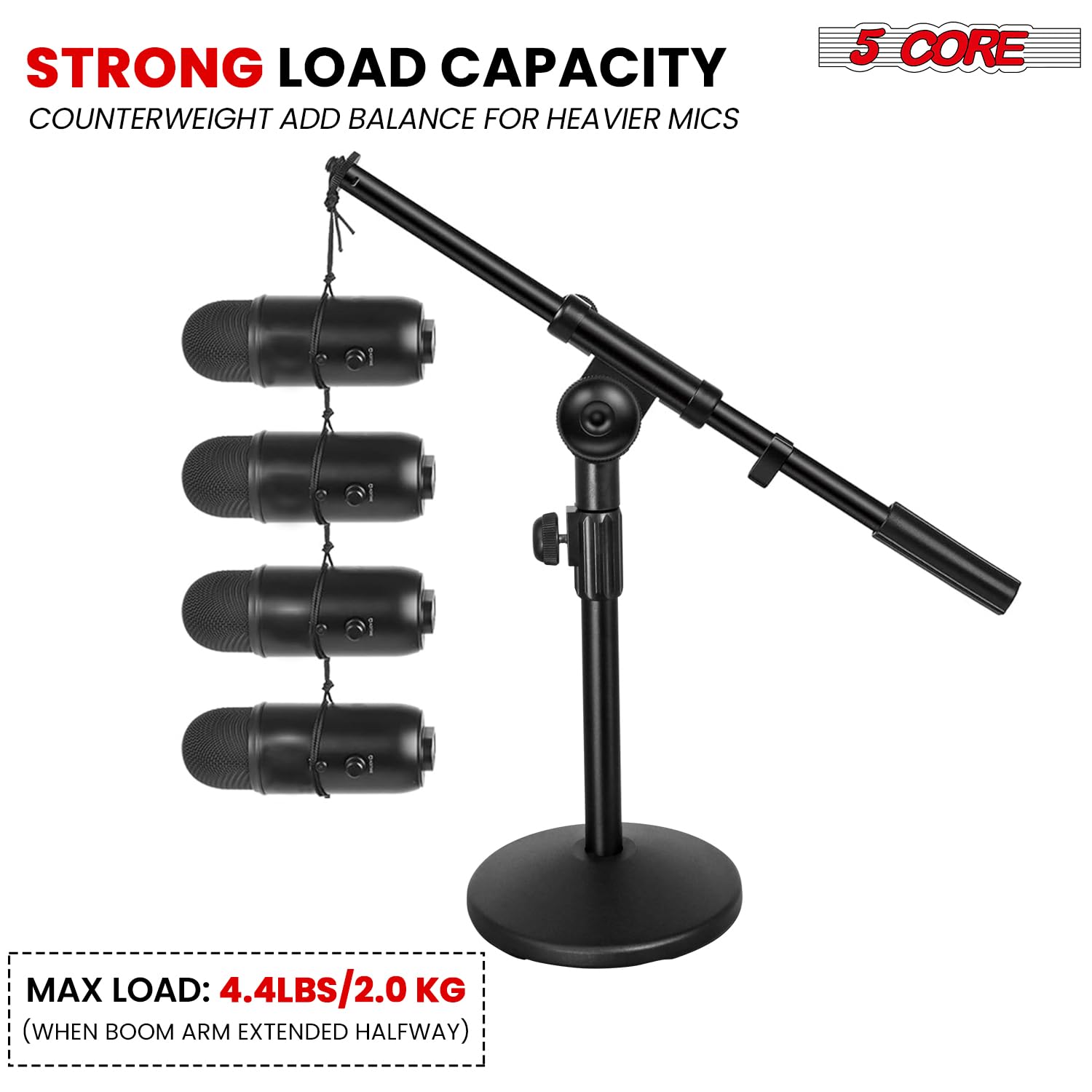 5Core Mic Stand Desk Adjustable Extendable Boom Arm Table Microphone Holder W Round Base Anti Slip Pad + Mic Clip + 3/8 & 5/8