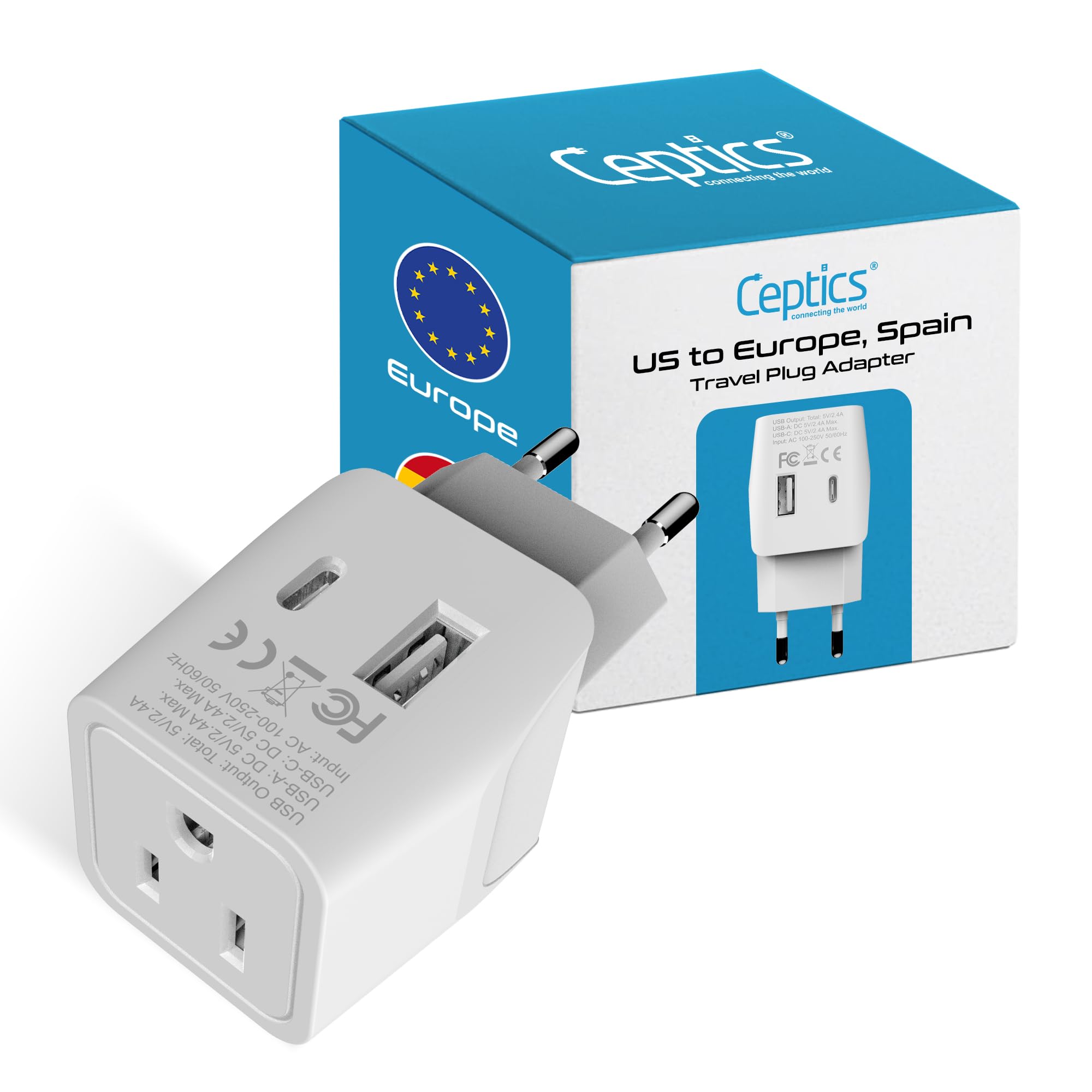 Ceptics 3 in 1 European Travel Plug Adapter - Compact Type C Adapter with USB-A & USB-C, Ideal for Phones, Laptops, Cameras & Mo