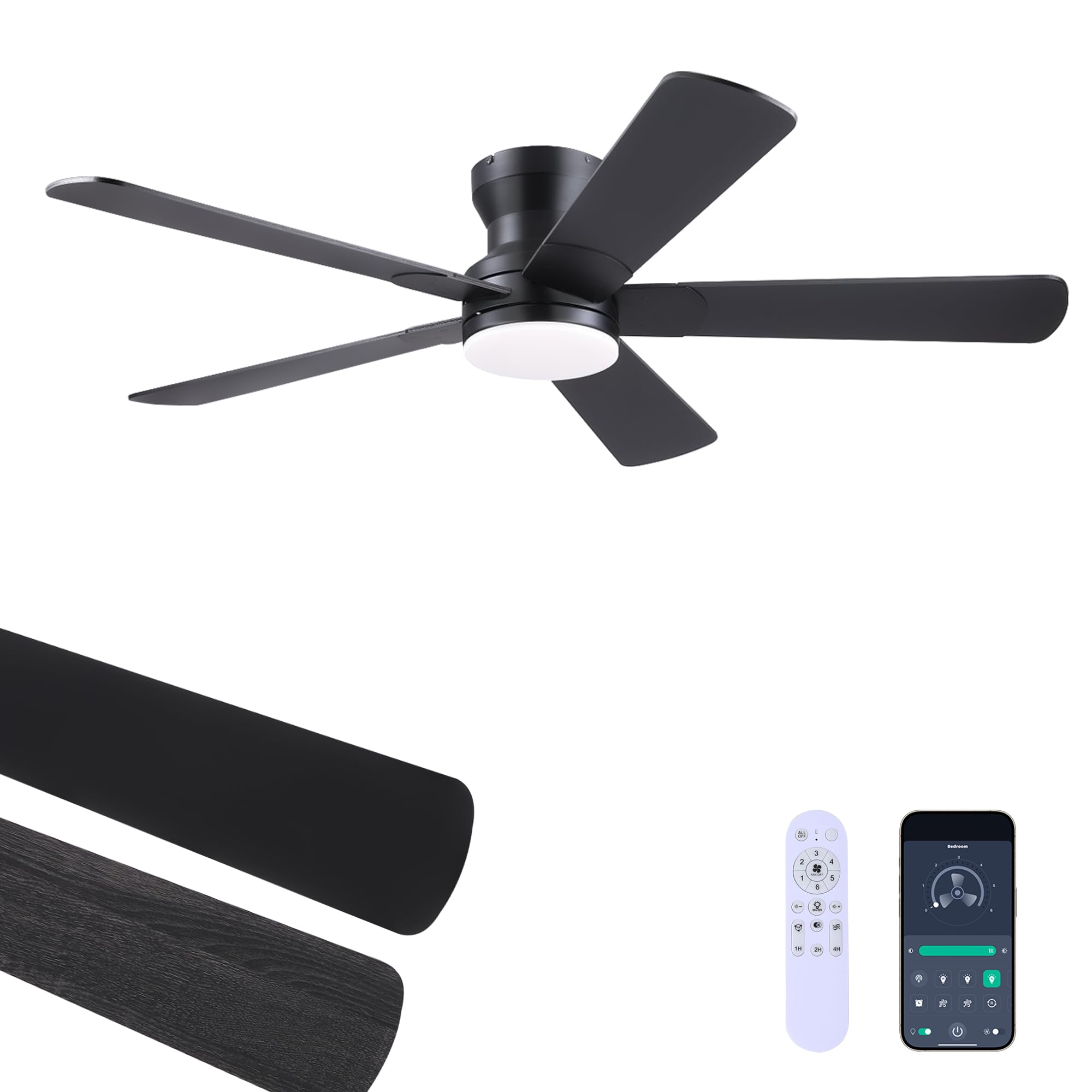 Ayaoty 52 Black Ceiling Fans with Lights and Remote - Flush Mount Fan Light with 5 Reversible Blades, 3CCT Dimmable, DC, Low Pro