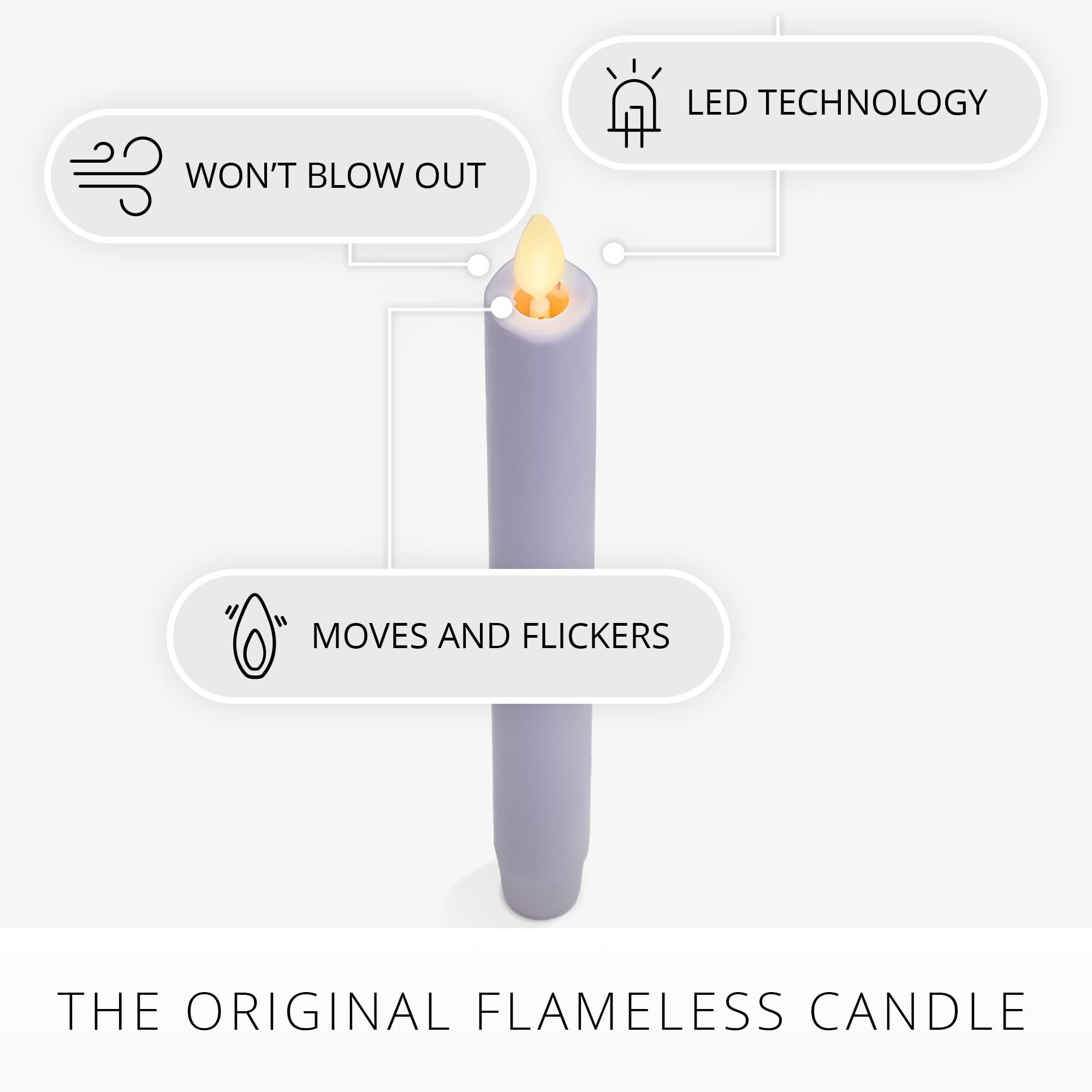 Luminara Flameless Candle Taper (1'' X 9.5'') Melted Top Real Wax Unscented Remote Ready Timer (Gentle Lavender)