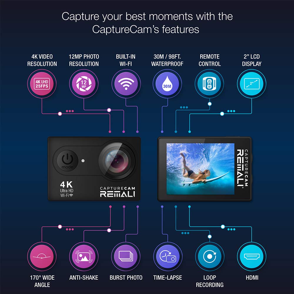 Remali Capturecam 4K Ultra Hd And 12Mp Waterproof Sports Action Camera Kit With Carrying Case, 3 Batteries, Dual Battery Charger