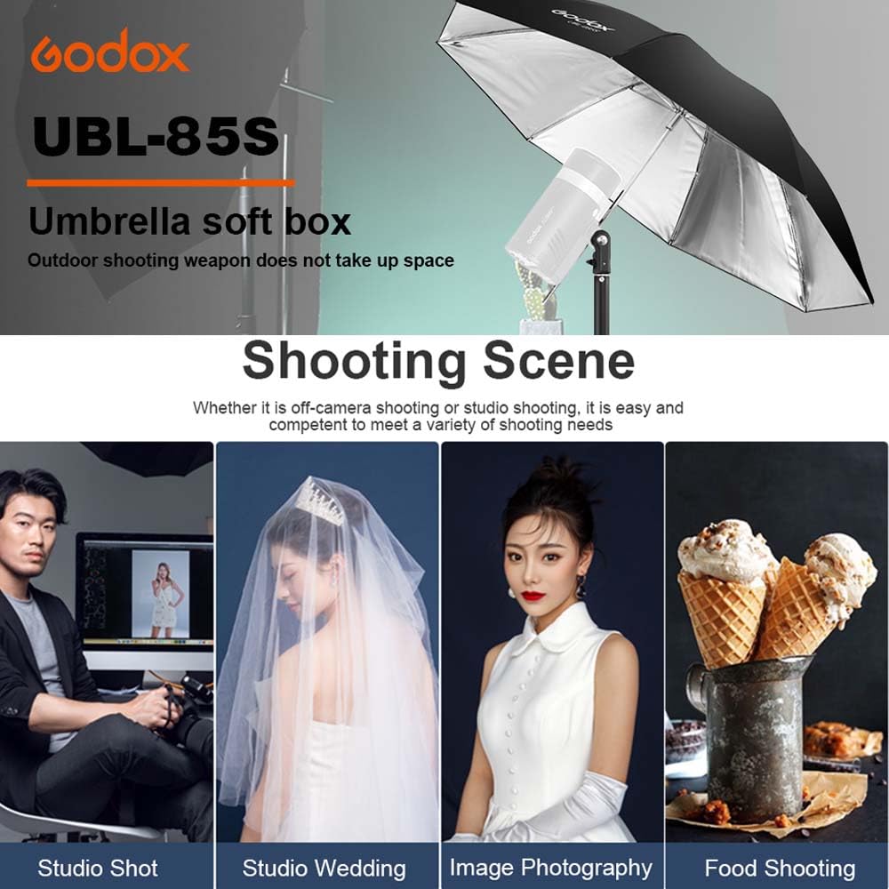 Godox Ubl 85S 85Cm 33.4    Black Silver Reflective Umbrella Photography Studio Soft Light Umbrella With Large Diffuser Cover For