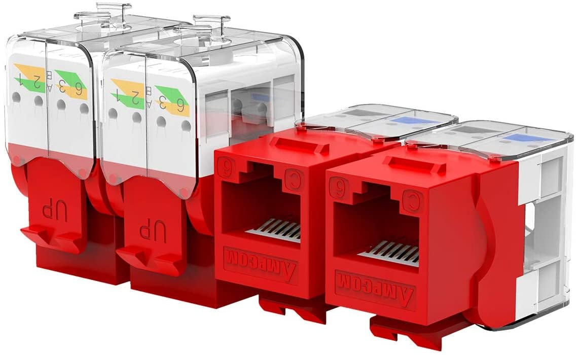 Ampcom Cat6 Keystone Jack Tool Less Rj45 Utp, No Punch Down Tool Required Module Coupler  12 Pack Red