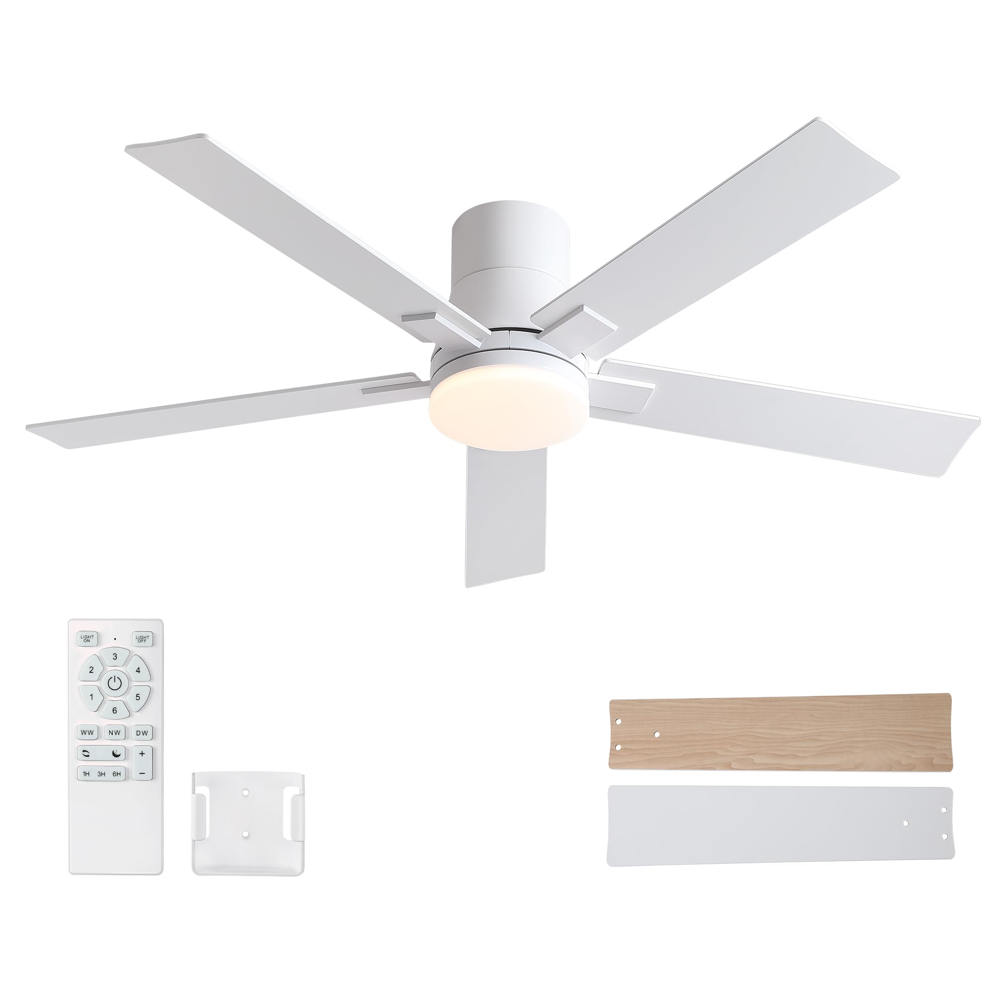 52 Inch Ceiling Fans With Lights And Remote,Flush Mount White Ceiling Fan With 5 Blades,6 Speed Reversible Dc Motor,3Cct Dimmabl