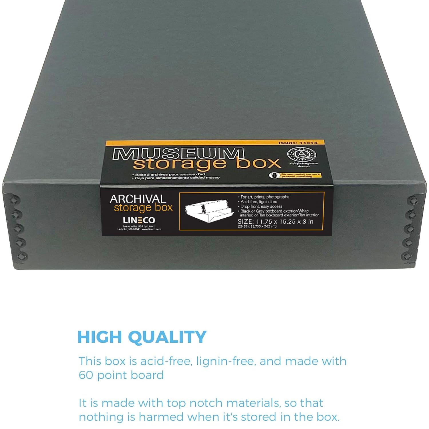 Lineco Museum Archival Storage Box, 11.75X15.25X3 In. Drop Front Design. Acid Free With Metal Edge. Organize Photos, Pictures, Prints, Documents, Crafts, Diy. Gray, 2 Pack