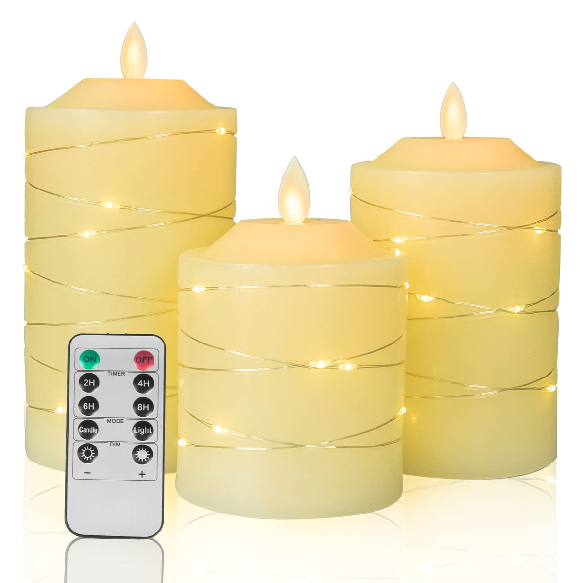 Battery Operated Flameless Led Candles: With Embedded String Lights, 3 Pack Flickering Electric Candle With 10-Key Remote Contro